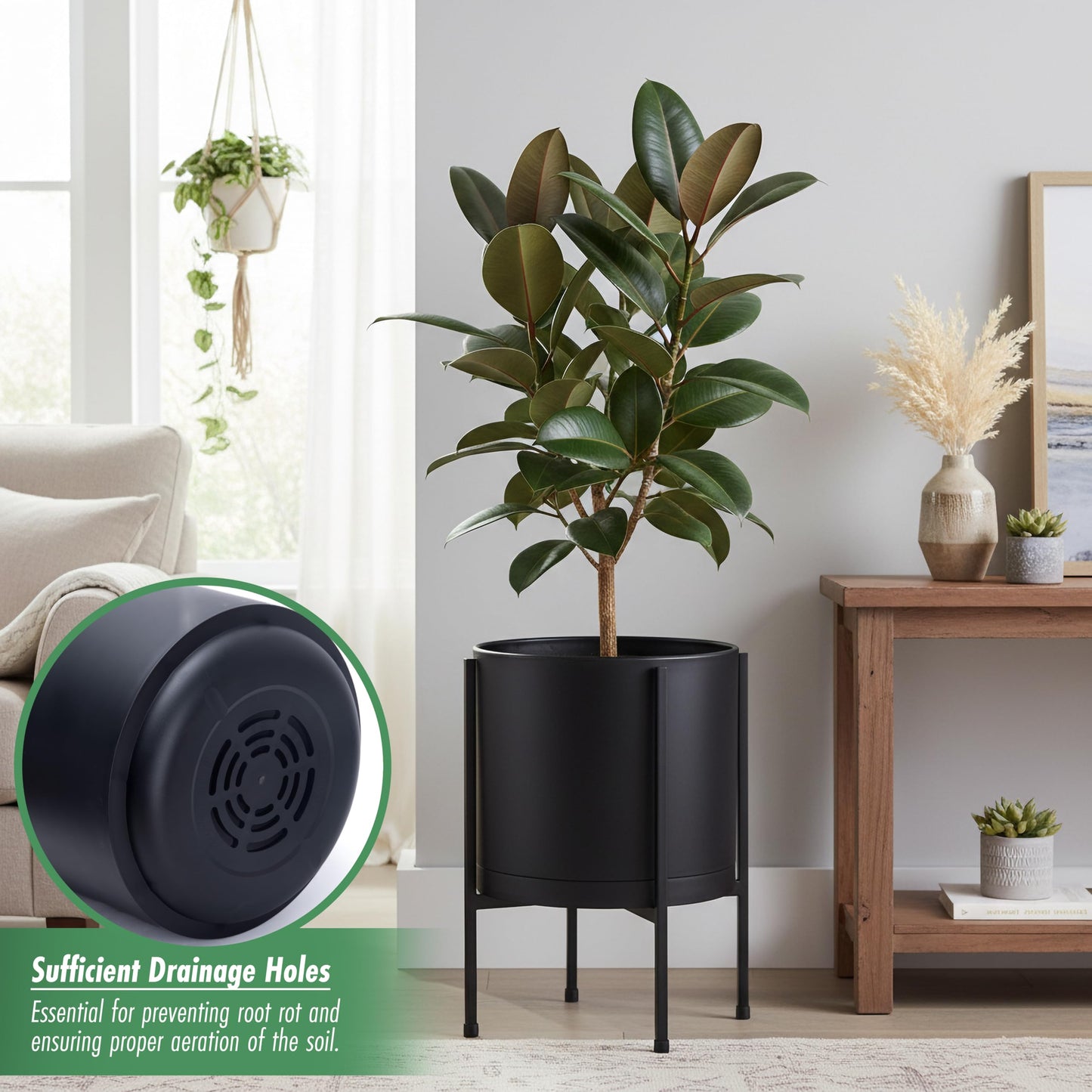 D'vine Dev 10 Inch Black Planter Pot with Stand – Modern Plastic Cylinder Flower Pot with Heavy-Duty Metal Stand for Indoor Plants, 55-D-B-2