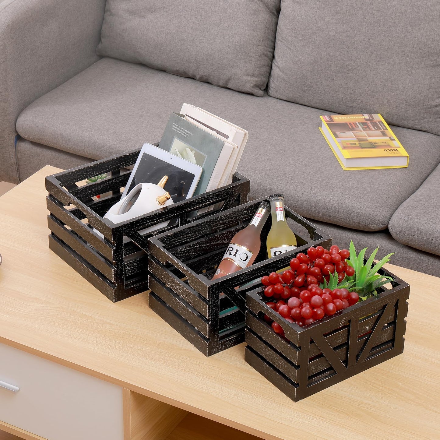 HTAYUXWO Storage Crates Nesting Wooden Boxes 3 Pack,Wood Storage Crates with Handles,Rustic Farmhouse Crates,Wooden Storage Container for Display
