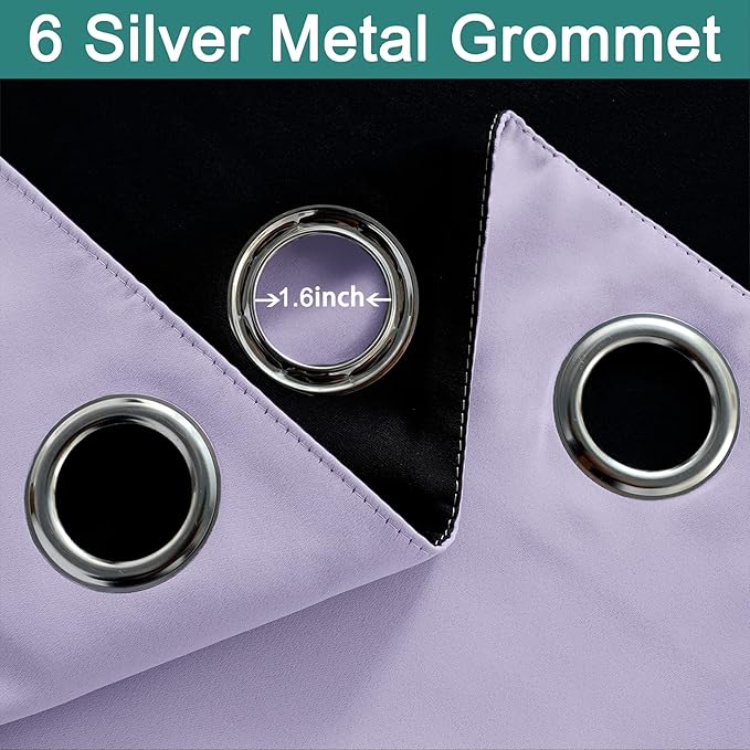 Yakamok 63 Inch Length 100% Blackout Curtains for Bedroom, 2 Thick Layers Thermal Insulated Grommet Total Blackout Drapes with Black Liner for Living Room (42Wx63L,Lilac, 2 Panels)