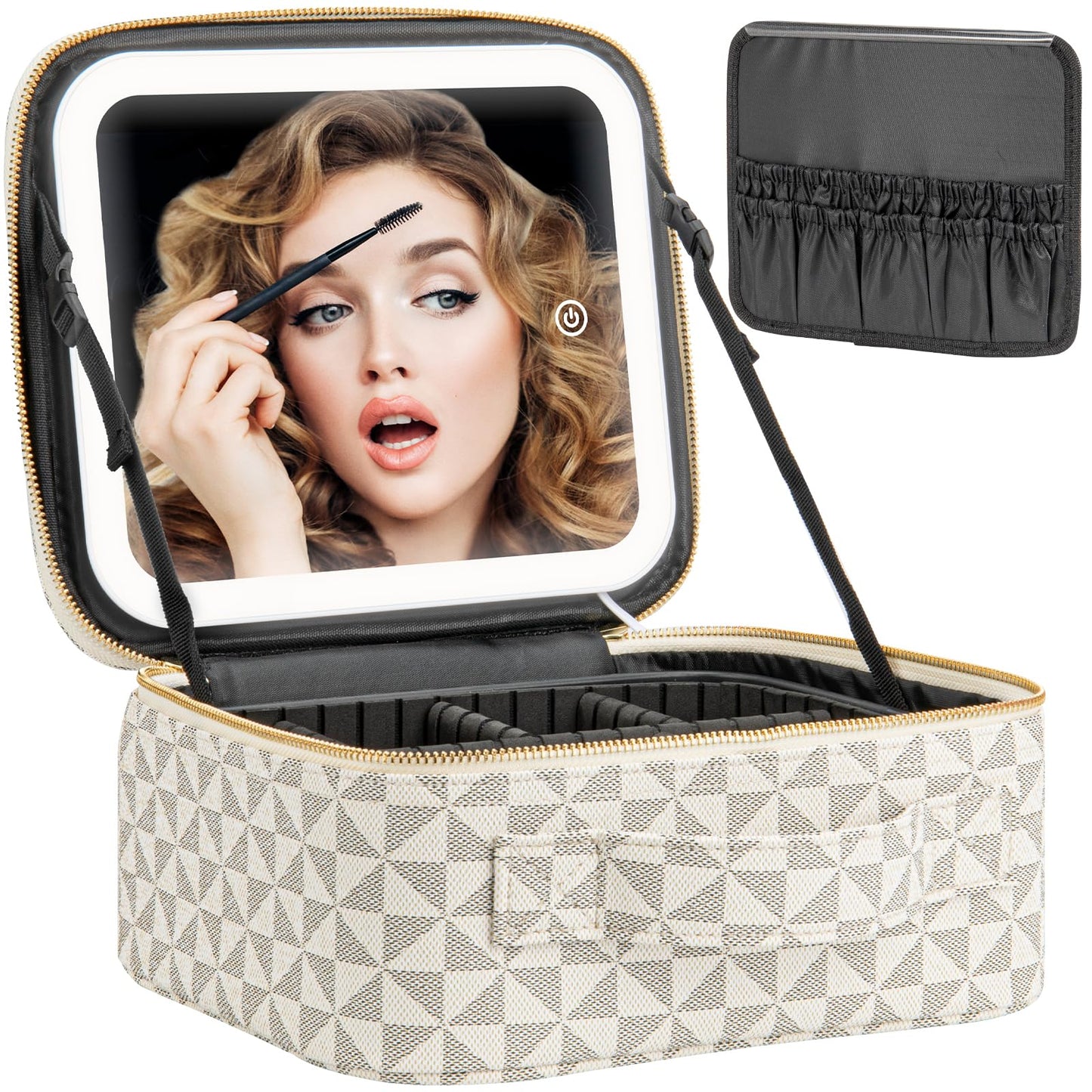 Extrei Gent Makeup Travel Train Case with Mirror LED Light 3 Adjustable Brightness Large Cosmetic Bag Portable Storage Adjustable Partition Waterproof Makeup Brushes Make up Jewelry Gift for Women