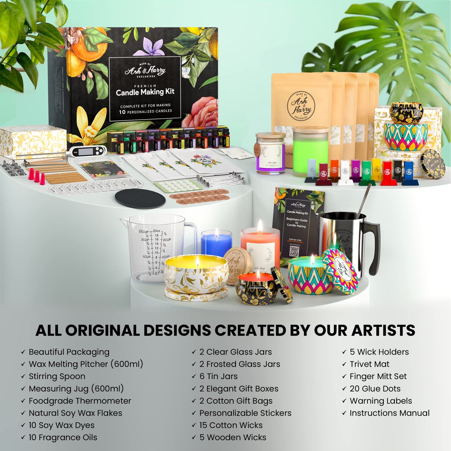 ASH & HARRY Premium Soy Candle Making Kit for Adults, Complete Gift Set with 10 Premium Tins & Jars, DIY Starter Candle Making Supplies, Perfect Home Decorations Holiday Gift Which Makes 10 Candles