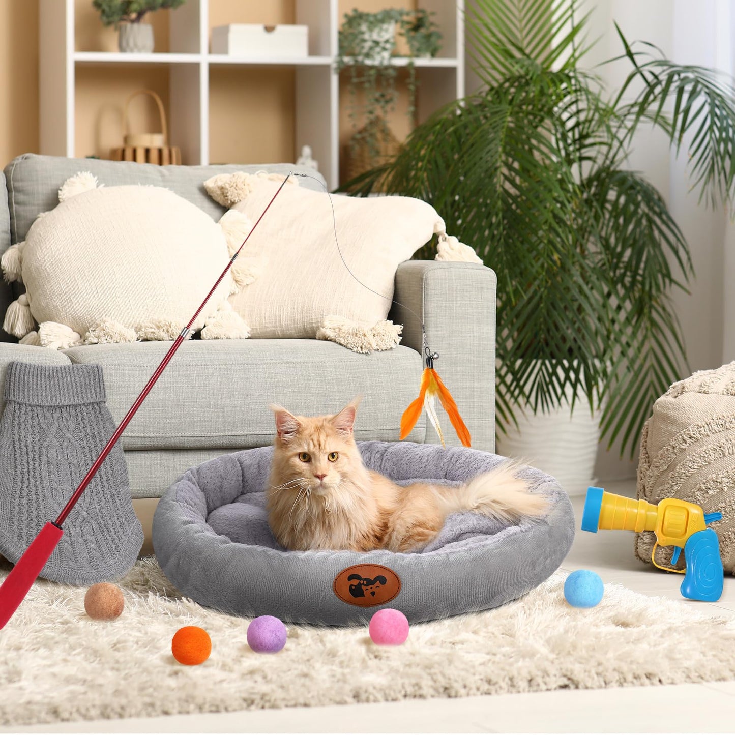 Zopeal 59 Pcs Cat Gift Sets Including Cat Bed Pillows Winter Sweater Interactive Retractable Wand Toy and Feather Toys Launcher Gun with Plush Balls for Pet Lover with Gift Wrapping Bag and Bow
