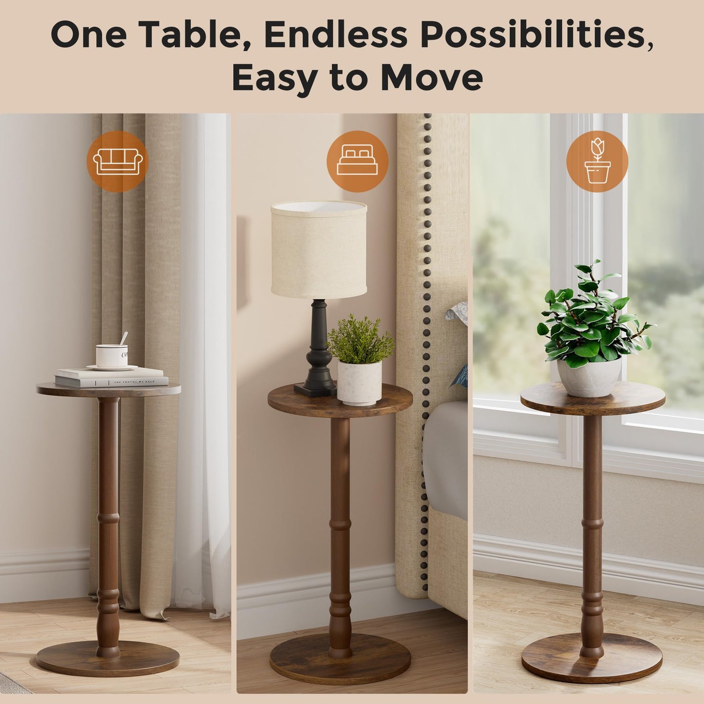 Homleke 12" Round Side Table, Solid Wood Pillar with Wood Top & Base, Small Drink Accent Table for Living Room, Bedroom, Sofa & Office, Easy Assembly, Rustic Brown