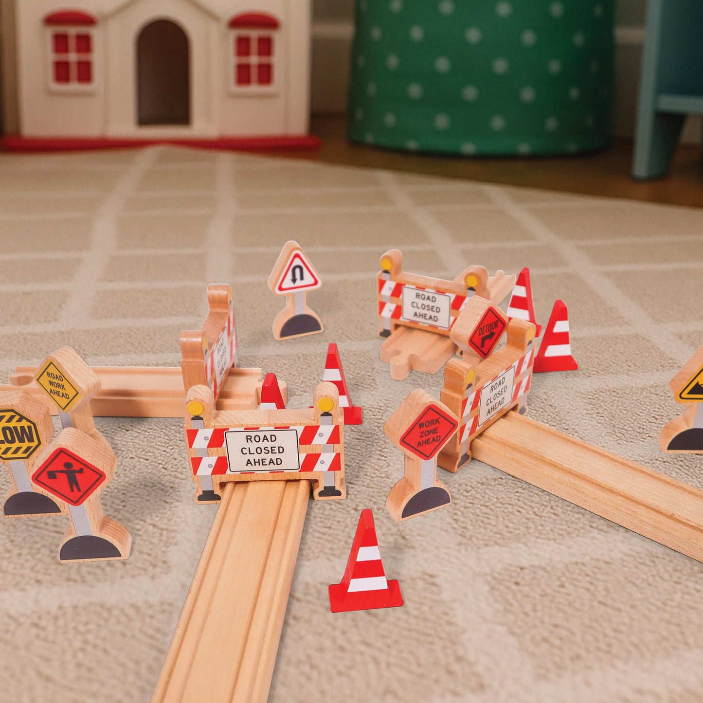 16 Pc Wooden Construction Signs and Traffic Cones - Construction Site Road Signs -Community Helpers Educational Preschool Street Track Accessories