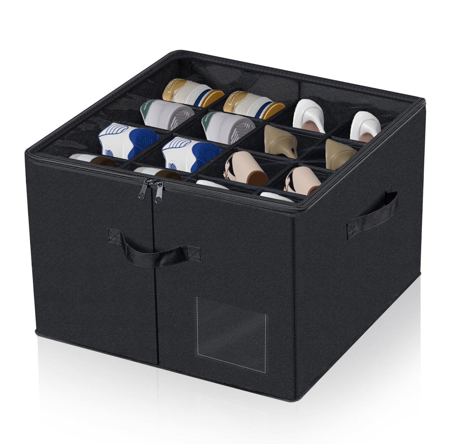 PAKISOU Shoe Storage Organizer, Fits 16 Pairs, Closet Shoe Box with Adjustable Dividers & Transparent Lid, Foldable Fabric Shoe Container with Handles for Space-Saving Shoe Storage (Black)