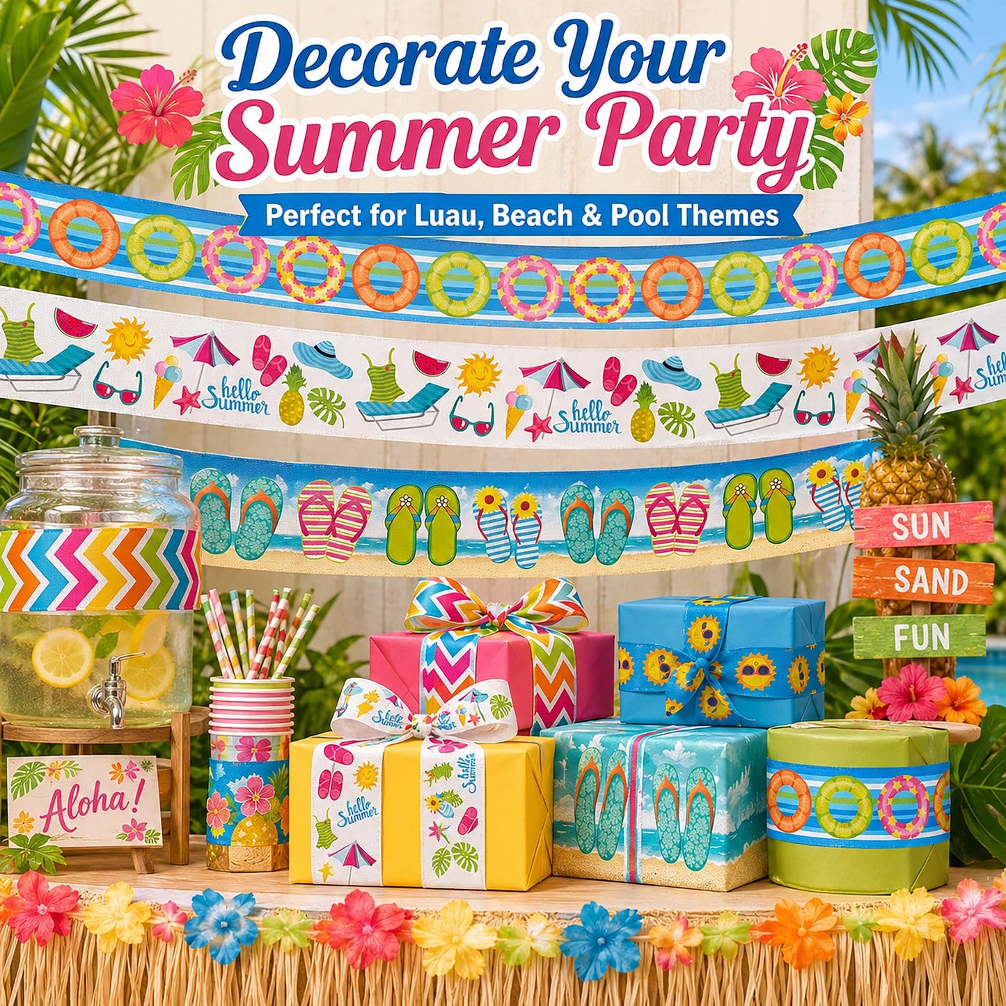 6 Rolls Summer Wired Edge Ribbons, 24 Yards 2.5 in Flip Flop Sunshine Stripe Patterns Gift Wrapping Ribbon for Beach Themed DIY Crafts Bow Wreath Summer Party Decorations