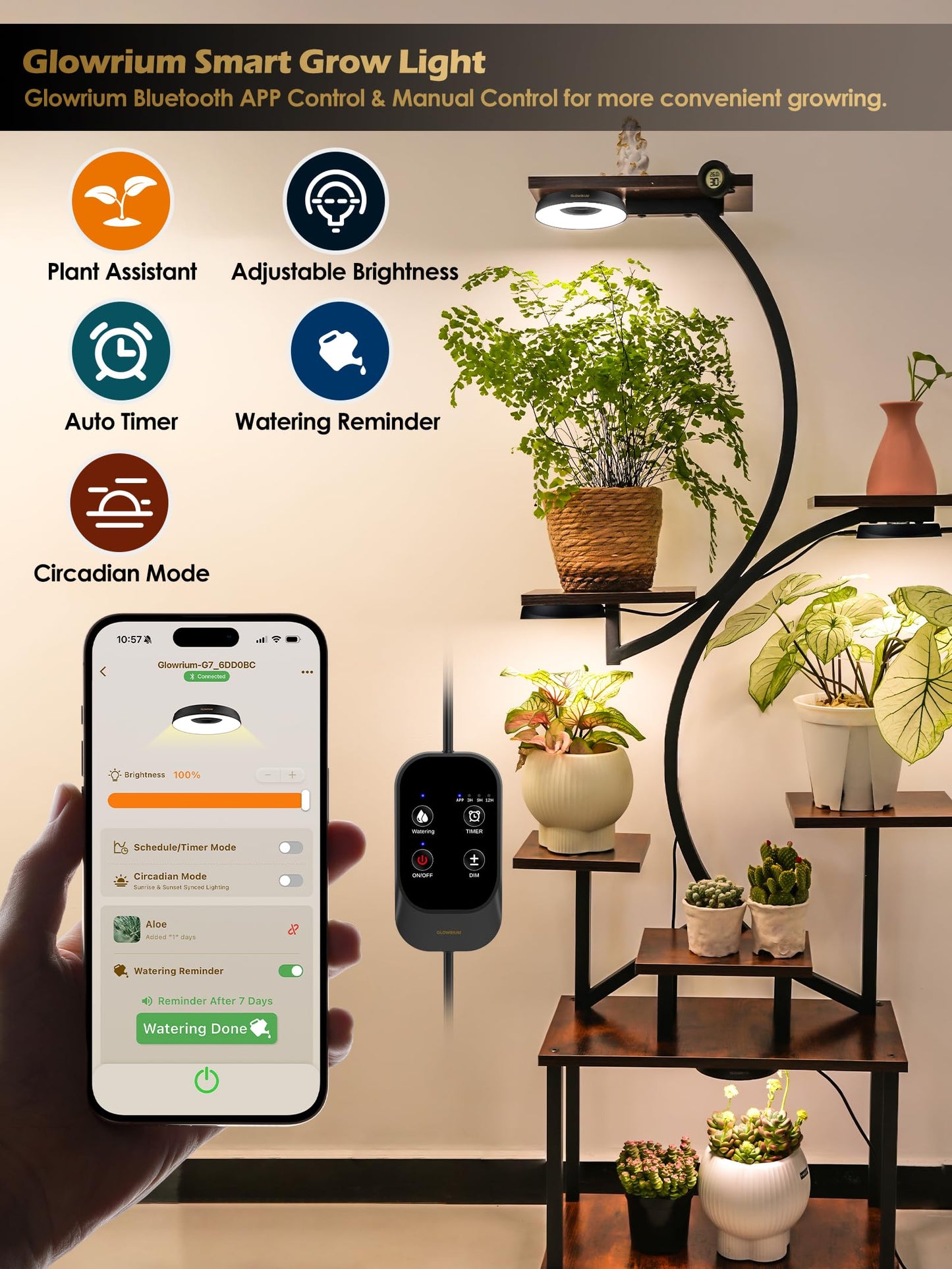 GLOWRIUM Grow Lights for Indoor Plants, 32W Smart Full Spectrum LED Grow Light, Auto Timer and Stepless Dimming,Plant Assistant with Watering Reminder,Modular Design (Black, 4PCS)