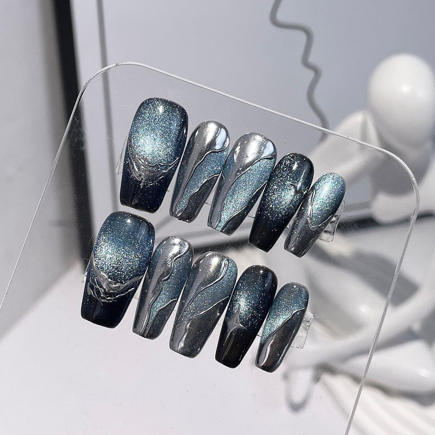 LIFOOST Nails Handmade Press On Medium Coffin Silver Blue Magnetic Cat Eye Fake Nail Luxury Star River False Nail Tips,10 Pcs Size Small