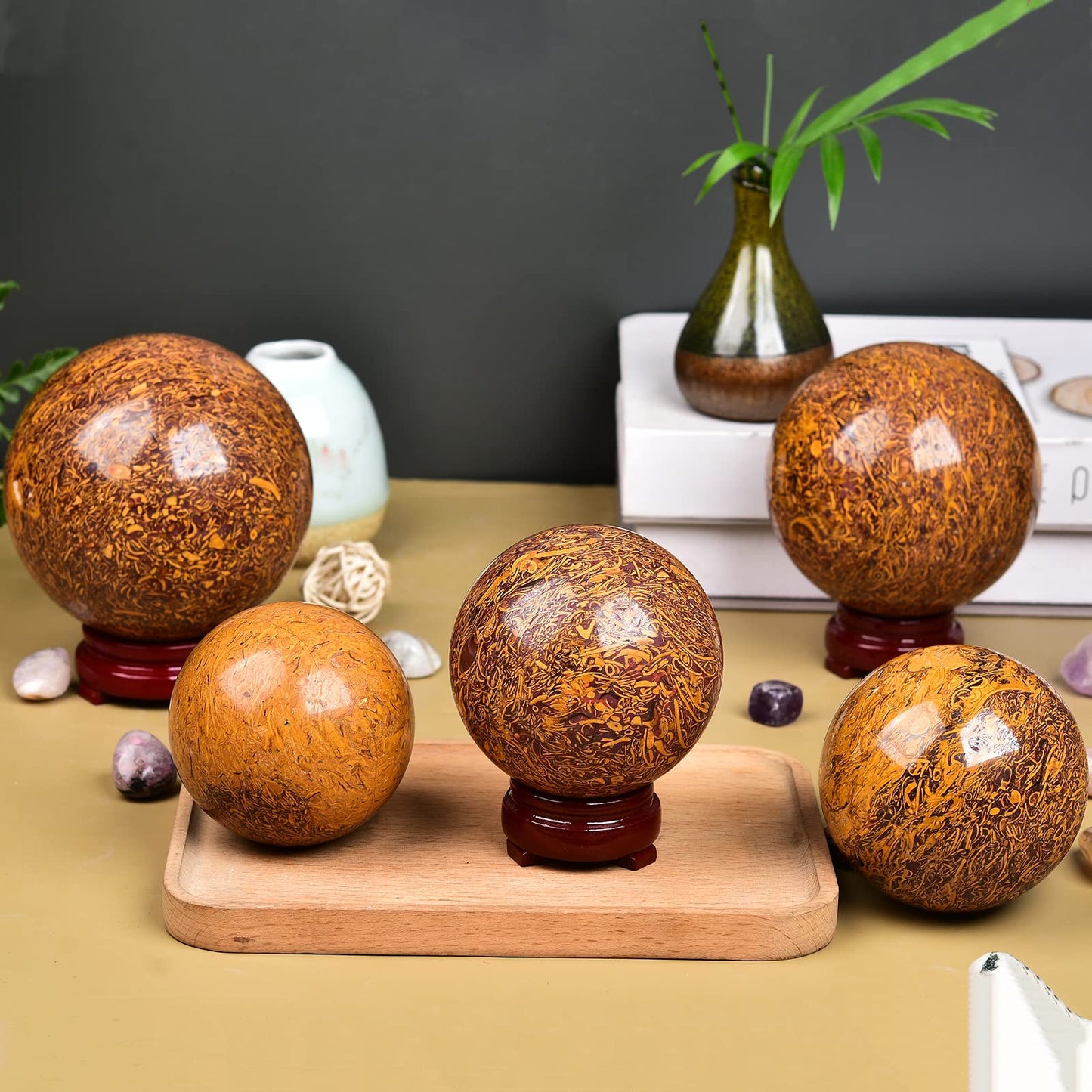 JIC Gem Healing Crystals Sphere Natural Golden Jade Crystal Ball Mineral Quartz Stone With Decorative Stand Home Decoration (70-80mm)