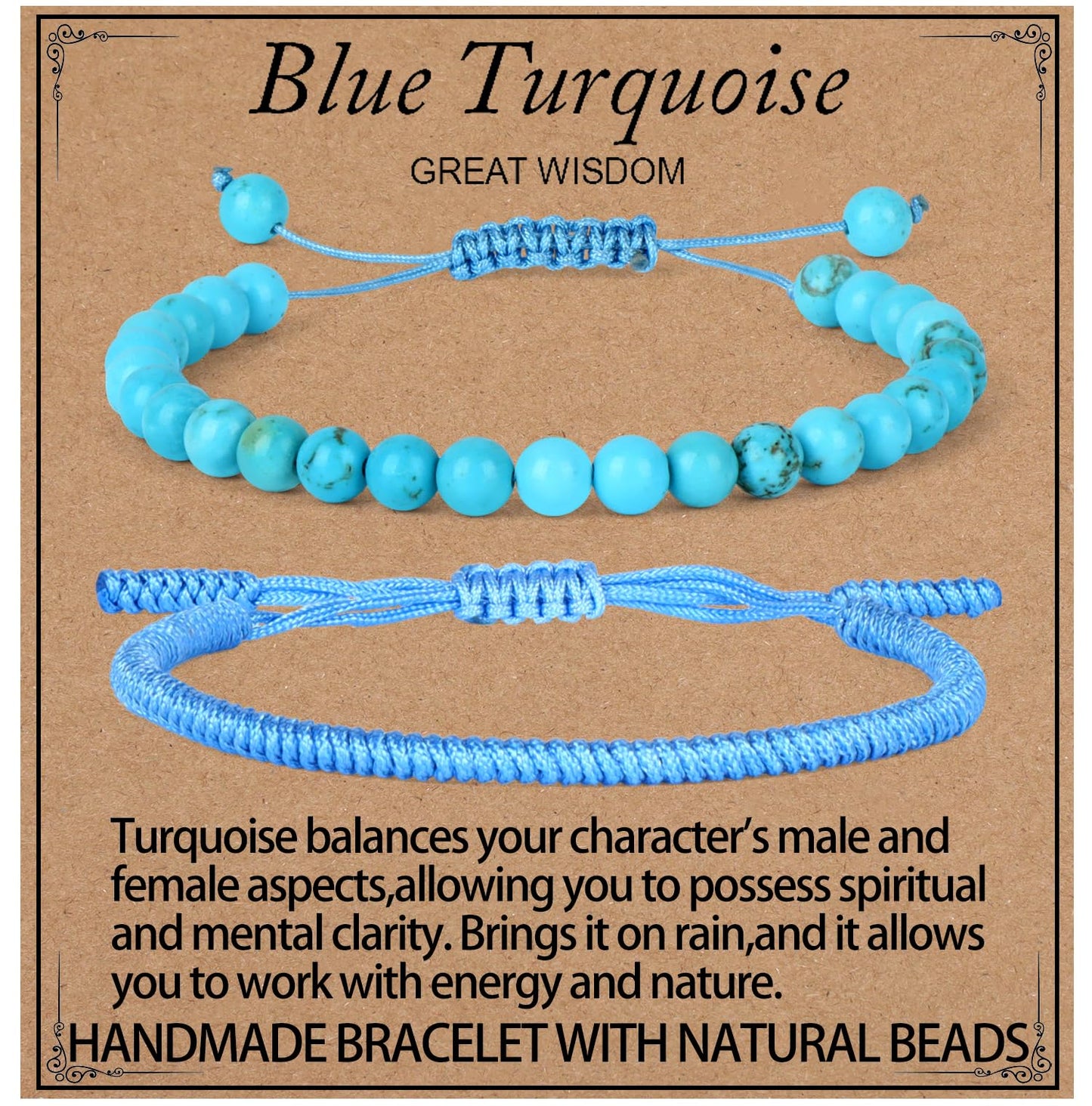 LPBeads 6mm Blue Turquoise Bracelet with Handmade Rope Bracelet Size Adjustable Stone Crystal Healing Bracelets Gifts for Unisex Adults