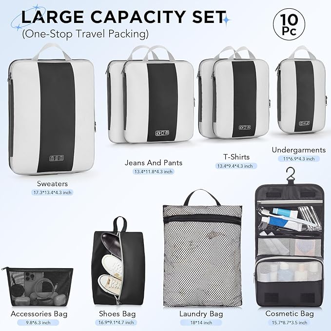 10 Set Compression Packing Cubes for Travel Essentials,Compressible Expandable Packing Cubes for Suitcase,OlarHike Luggage Organizer Bags for Travel,Handy Helper for Organizing Clothes(Black)