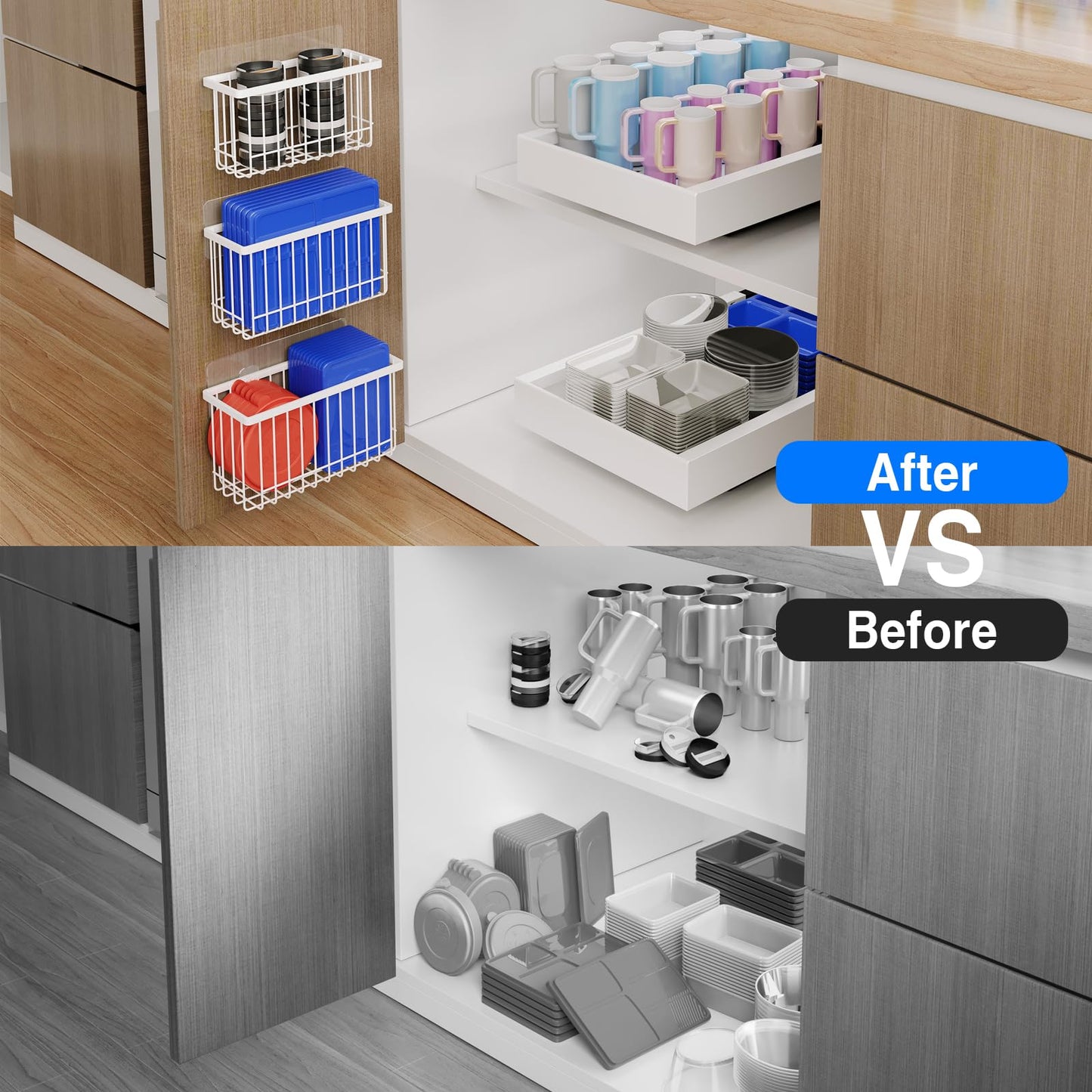 MUSTORN 3 Pack Adhesive Cabinet Door Organizer, Lid Organizers Inside Cabinet Food Container/Tumbler Lid Organizer and Storage Cup Lids Holder for Kitchen & Bathroom Wall Mounted(White)