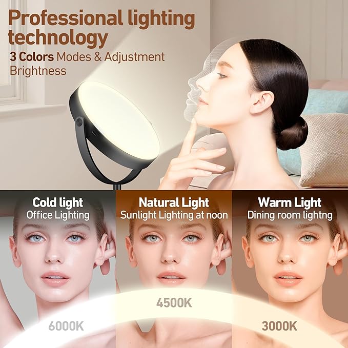 Magnifying Mirror with Light 20X, Height-Adjustable Lighted Makeup Mirror with Magnification, Double - Sided Aluminum Alloy LED Mirrors, 3 Lighting Modes Ideal for Bathroom Make-up, Black