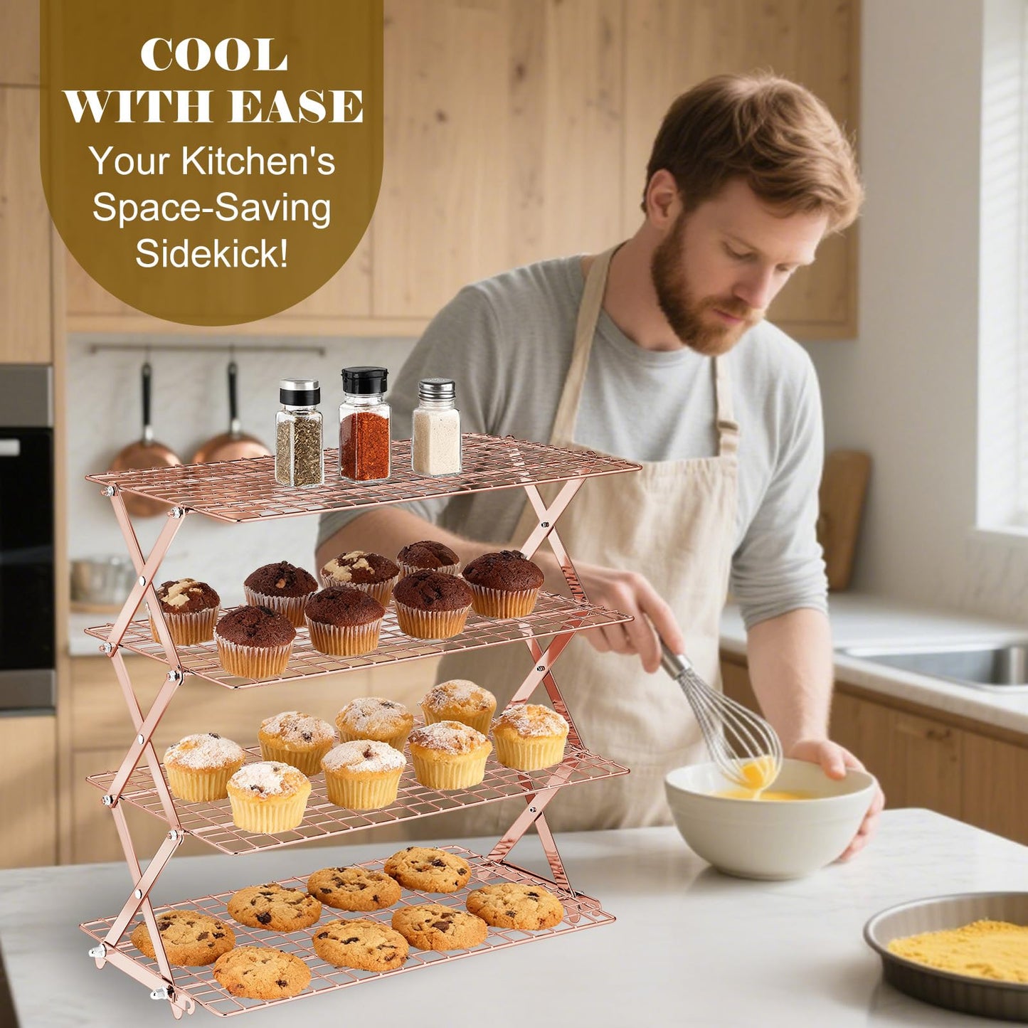 BEWOS 4 Tier Collapsible Cooling Rack - Adjustable Stainless Steel Baking Rack with Mesh Leak Proof，Foldable X-Shaped Structure Cooling Racks for Cooking and Baking, Dishwasher Safe（ Rose Gold）