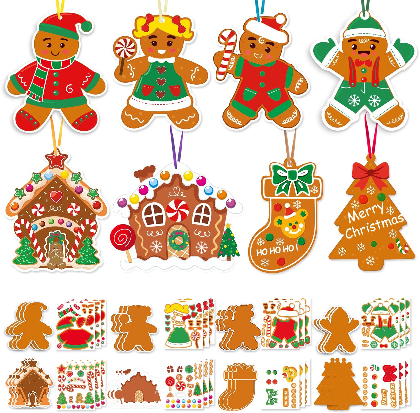 Christmas Ornament Craft Kits for Kids - DIY Gingerbread Christmas Decorations, 24PCS Set with 8 Festive Designs Including Gingerbread Man, Tree, Stocking, Stickers & Strings for Xmas Party Favors