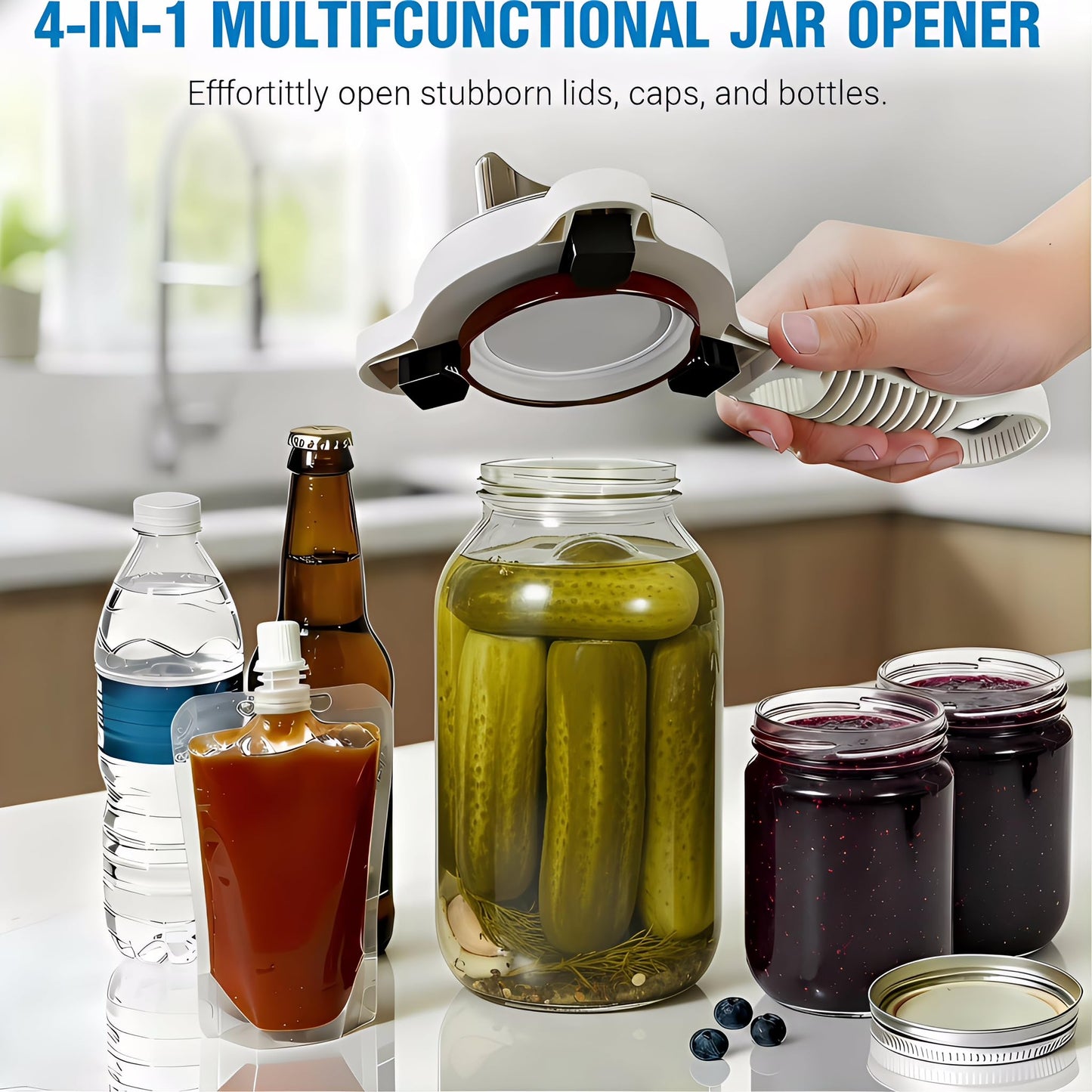 4-in-1 Adjustable Jar Opener – Stainless Steel Lid & Bottle Opener, Heavy Duty Easy Grip for Weak Hands, Fits 1–4 Inch Caps, Kitchen Tool for Seniors & Arthritis (Black)