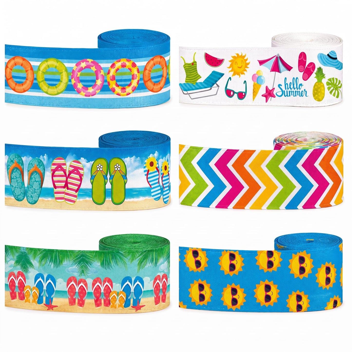 6 Rolls Summer Wired Edge Ribbons, 24 Yards 2.5 in Flip Flop Sunshine Stripe Patterns Gift Wrapping Ribbon for Beach Themed DIY Crafts Bow Wreath Summer Party Decorations