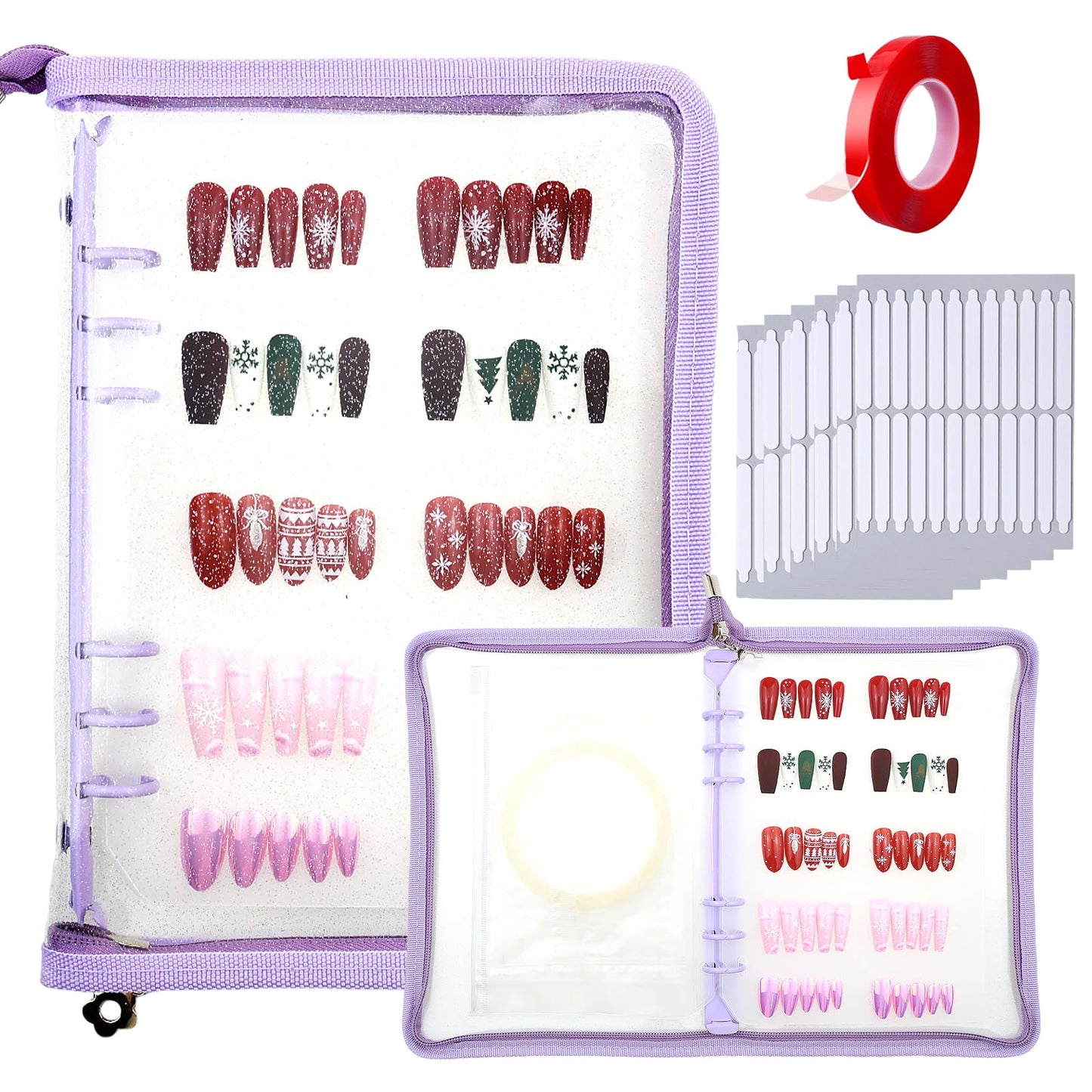 Oskrieel Press on nail storage Nail Storage Book - Portable Versatile Organizer for Press - On Nails, Jewelry and More with 90 Pcs Adhesive Double Sided Tape Purple
