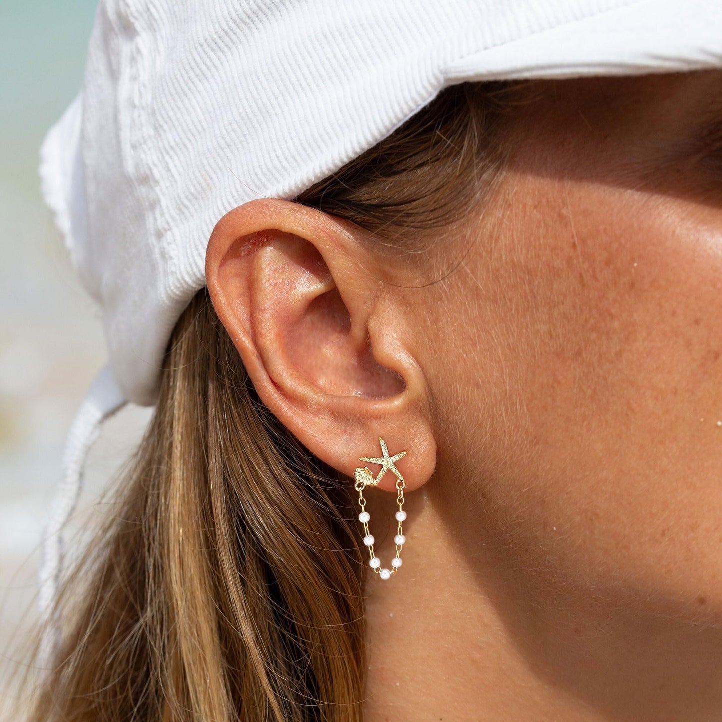 Plenky Gold Earrings for Women- 14K Gold Plated Starfish Pearl Earrings Summer Beach Vacation Outfits Trendy Jewelry Gifts