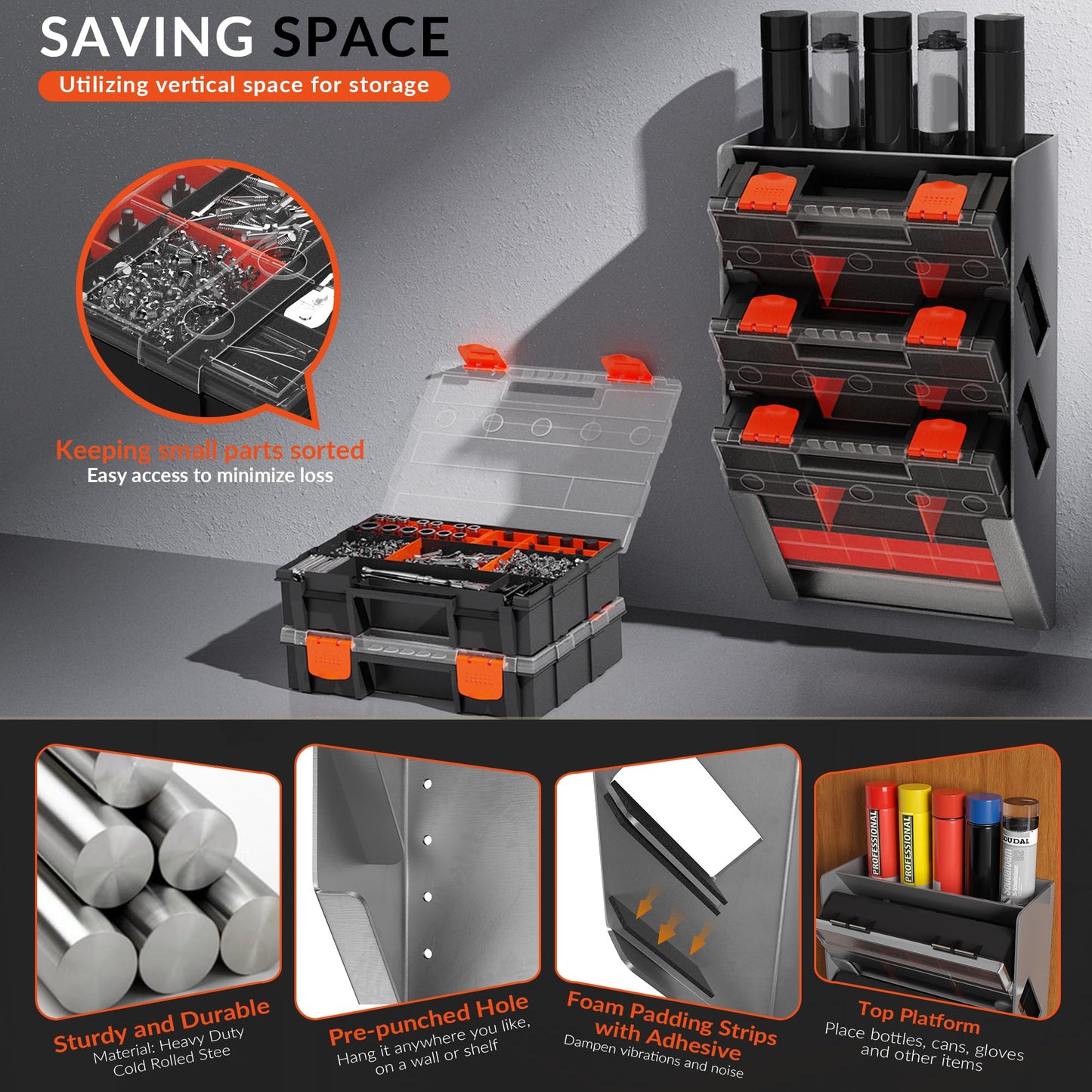 AIYOTAR Hanging Tote Kit for Van Shelving Storage, Work Van Organizers and Storage Boxes, 3 Small Parts Tool Box Organizer 63 Compartments and 1 Metal Hanging Organizer Holder, Van Shelf Accessories