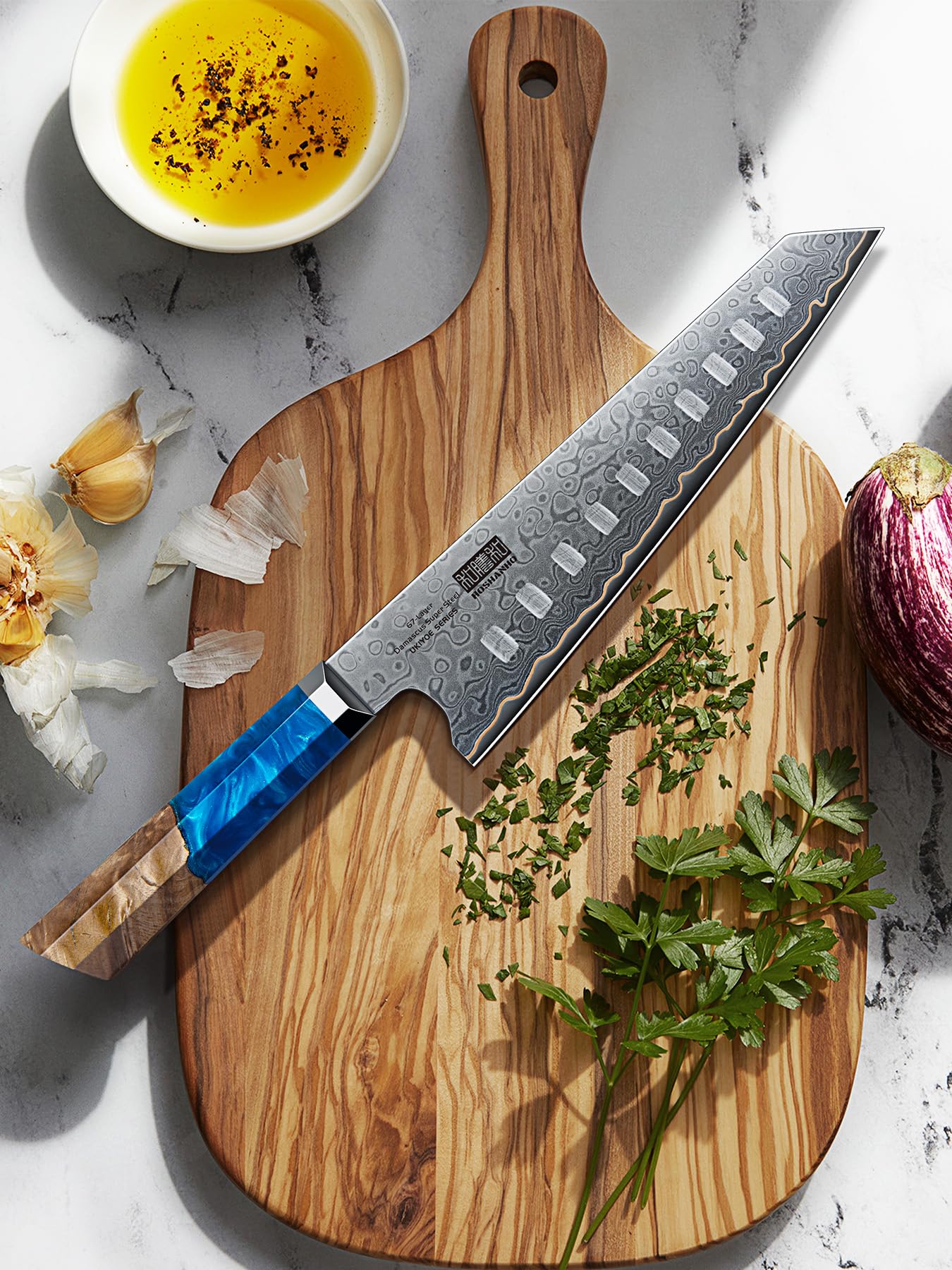 HOSHANHO Damascus Santoku Knife 7 Inch, 67-Layer Damascus Steel Chef Knife, Ultra Sharp Professional Kitchen Knives with Ergonomic Blue Resin Stabilized Wood Handle and Wood Gift Box