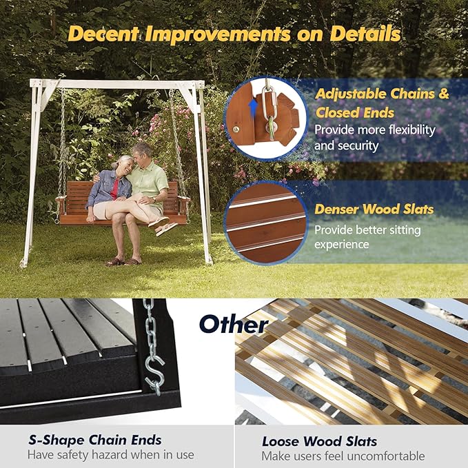 VINGLI Upgraded Patio Wooden Porch Swing for Courtyard & Garden, Heavy Duty 880 LBS Swing Chair Bench with Hanging Chains for Outdoors (Brown, 4 FT)