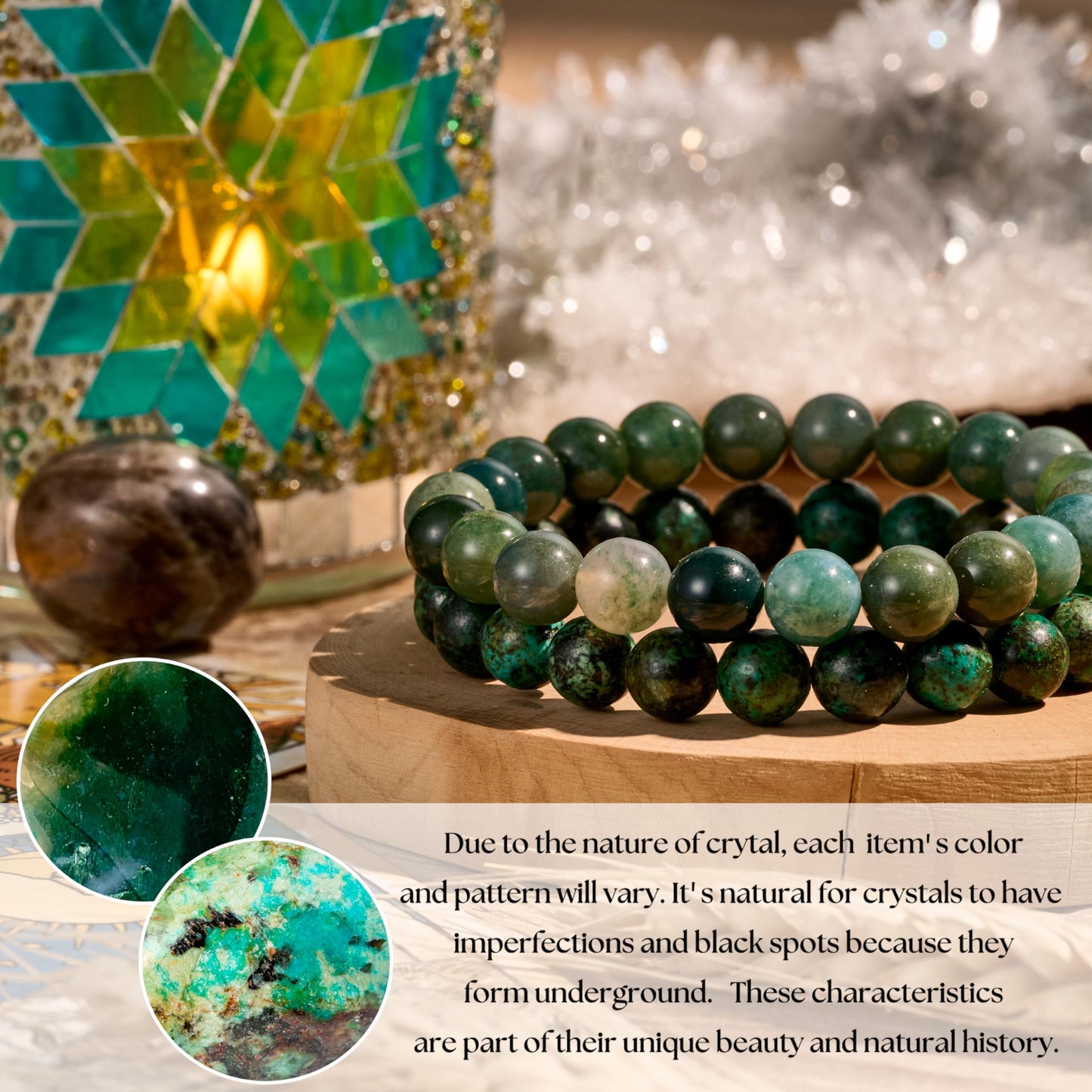 Bivei Natural Gemstone Semi Precious Crystals Handmade Stretchy Round Beads Bracelet, Enhance Positive Energy,Stocking Stuffers for Women(Moss Agate & African Turquoise(Peace & Prosperity) Medium)