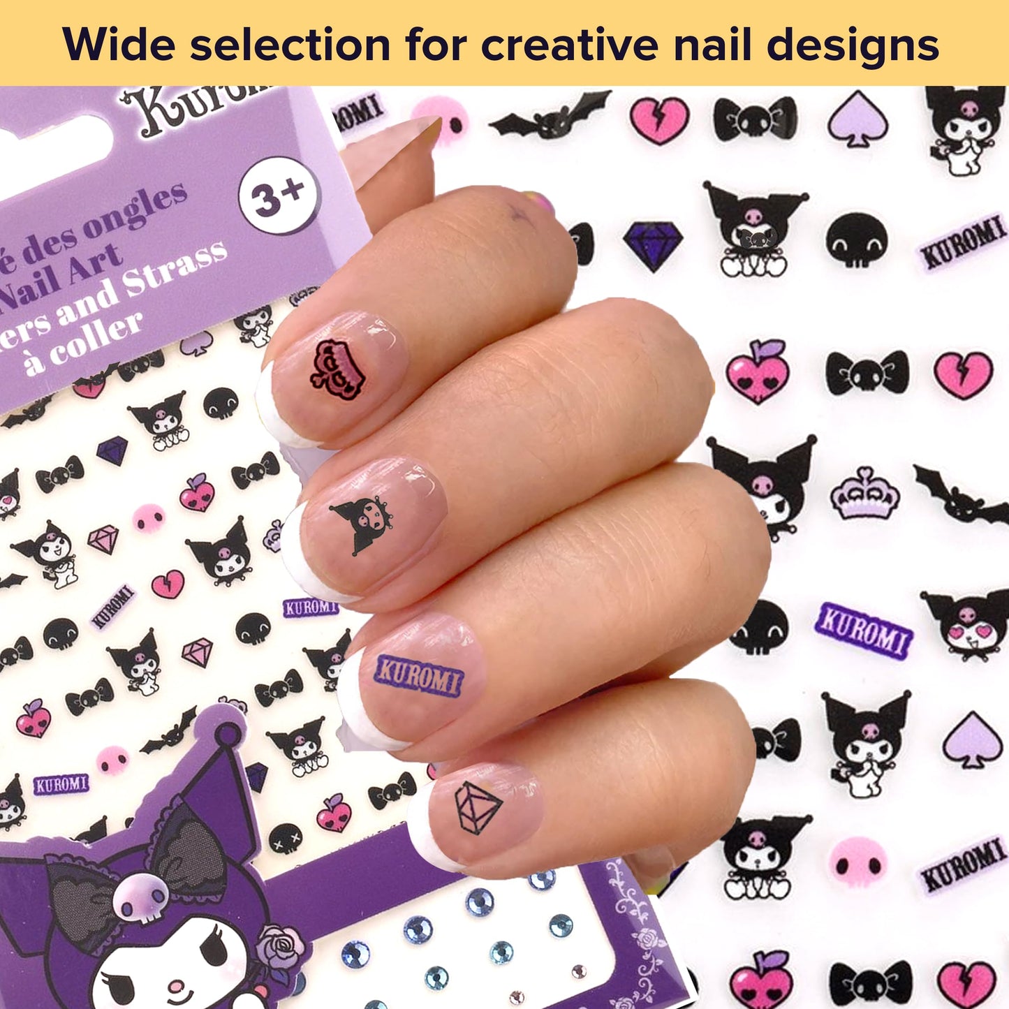 Kuromi Nail Stickers – 1 Sheet with 72 Stickers + 24 Rhinestones – Self-Adhesive Nail Art for Girls – Fun Activity & Gift Idea for Birthdays, Crafts, Party Bags and Playdates