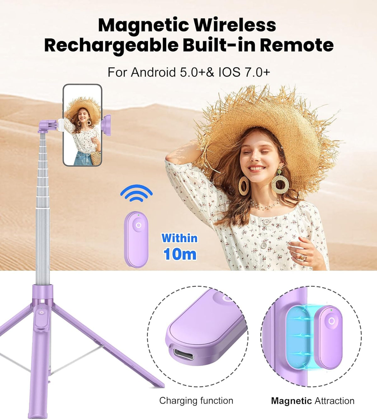 TONEOF 66" Automatic Tripod,Auto-Open Phone Tripod Stand with Magnetic Rechargable Remote,Selfie Stick Tripod 360° Vertical & Horizontal Rotatable,Stable Travel Tripod for iPhone/Android(Purple)