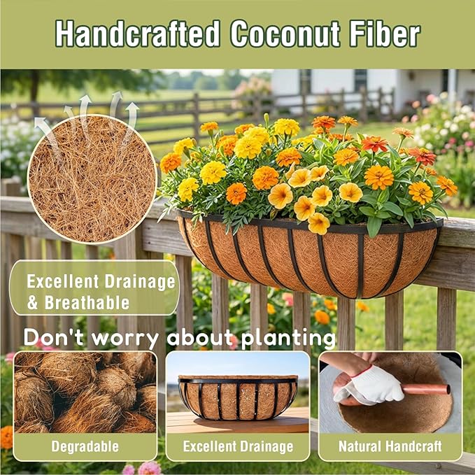 2 Pcs 24 Inch Trough Coco Liner for Window Box, 100% Natural Half Moon Coconut Coir Planter, Replaceable Coconut Fiber Liner for Window Boxes & Fence Flower Baskets (2, 24 inch)