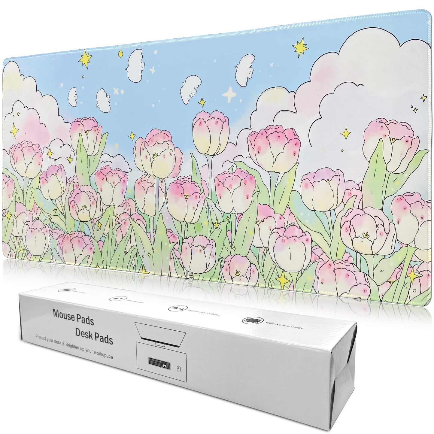 WSLUCKO Extended Large Gaming Mouse Pads Mat 35.4"x15.7"x0.12"(3mm Thick), Oversized Office Desk Mat with Stitched Edges (Cute Tulips)