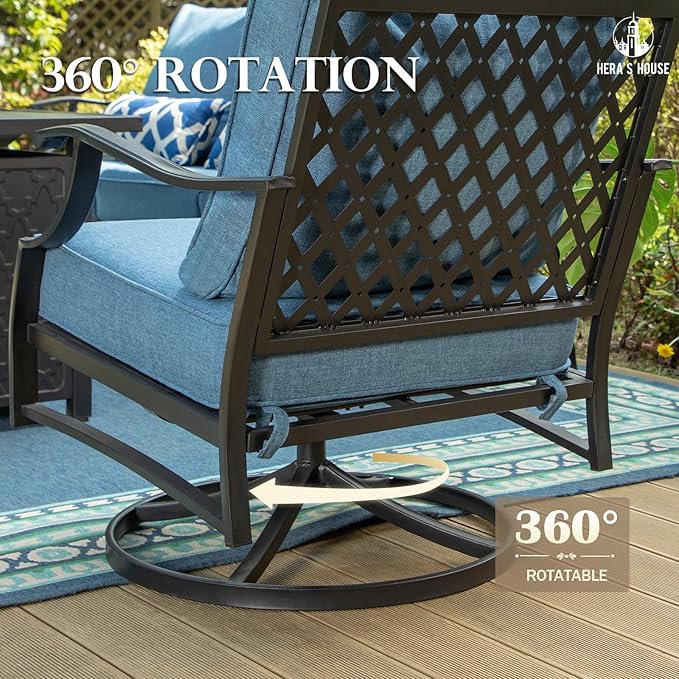 HERA'S HOUSE 5 Piece Patio Furniture Set, 2 x Swivel Chair, 2 x Ottoman, 1 x 3-Seat Sofa, All Cushioned 7 Seats Metal Outdoor Conversation Set for Lawn Garden Backyard