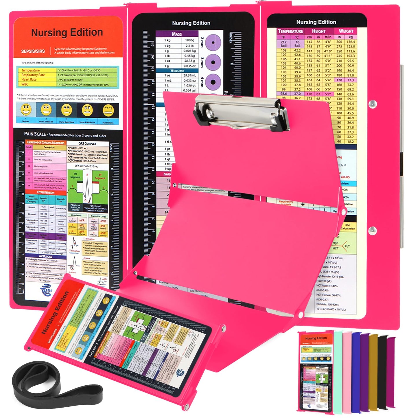 Nursing Clipboard Foldable with Medical Edition Cheat Sheets, 3 Layers Aluminum Foldable Clipboard for Nursing, Notepad for Students, Nursing School Essentials (Pink)