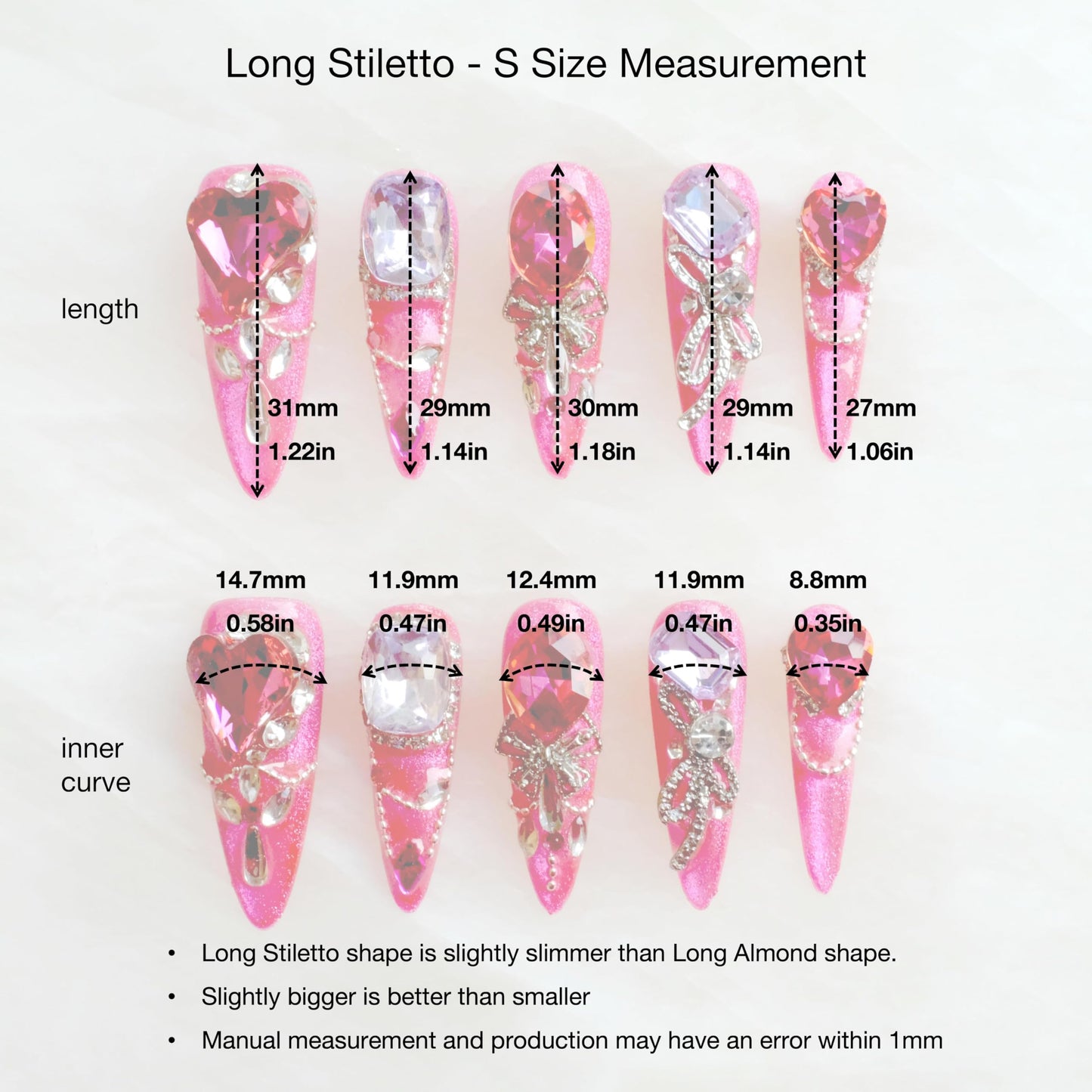 [GLORS] Luxury Press-On Nails, Pink Glitter False Nails with Rhinestones and Pearl Chain in Long Stiletto, 10 Pieces (S, LS)