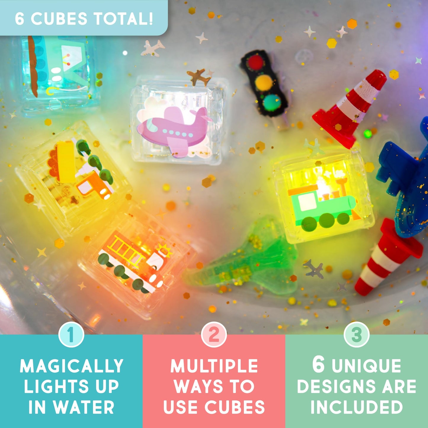 Glo Pals Water-Activated Light-Up Cubes for Bathtime and Sensory Play - Includes 6 Reusable Light-Up Cubes - Sensory Toys and Glowing Bath Cubes for Kids and Toddlers - Auto