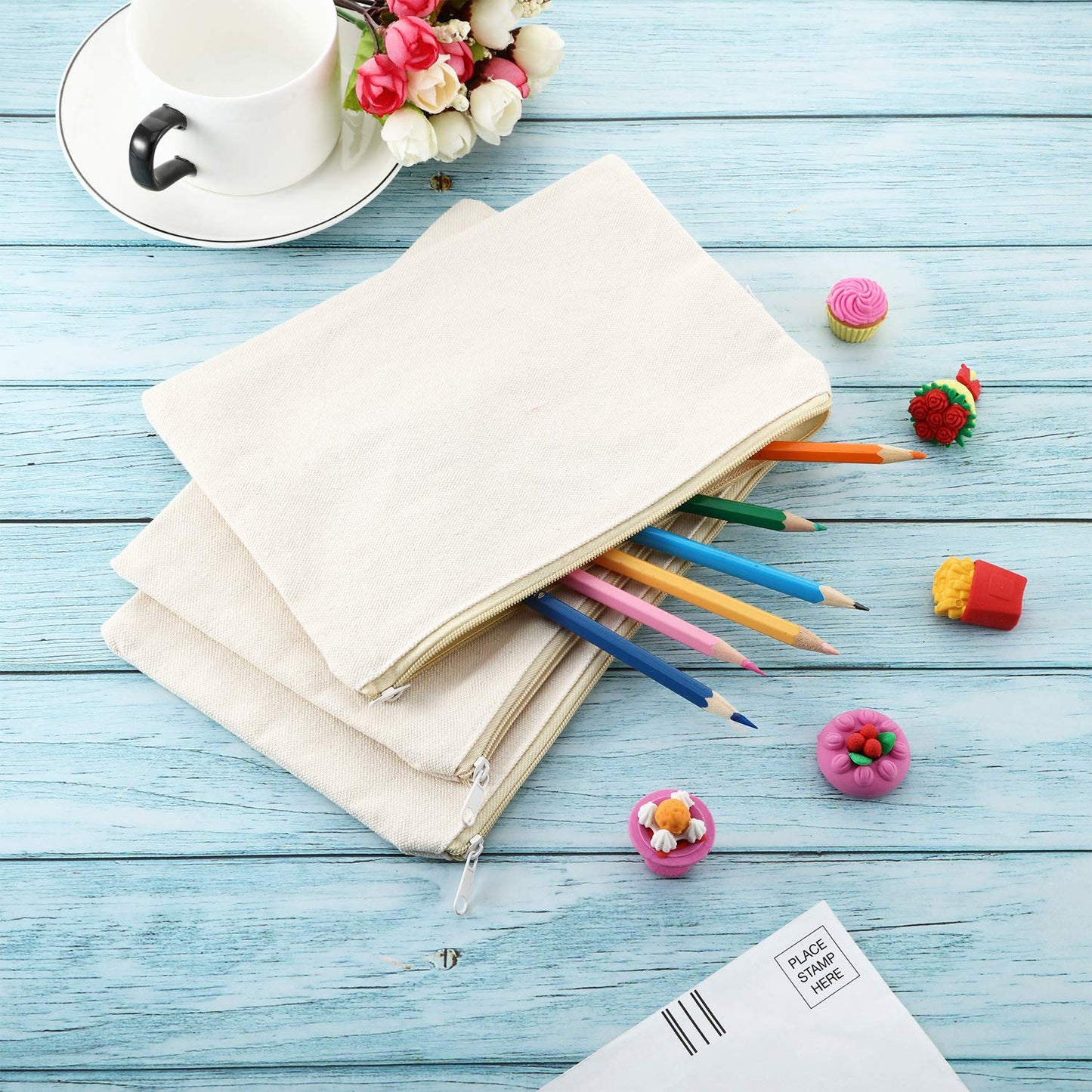 meekoo 16 Pack Blank Canvas Pouch Zipper Cosmetic Bag Bulk Plain Makeup Pouch Purse Sublimation DIY Craft Multipurpose Travel Toiletry Bag for Makeup Cosmetic Stationary Storage(S,Beige)