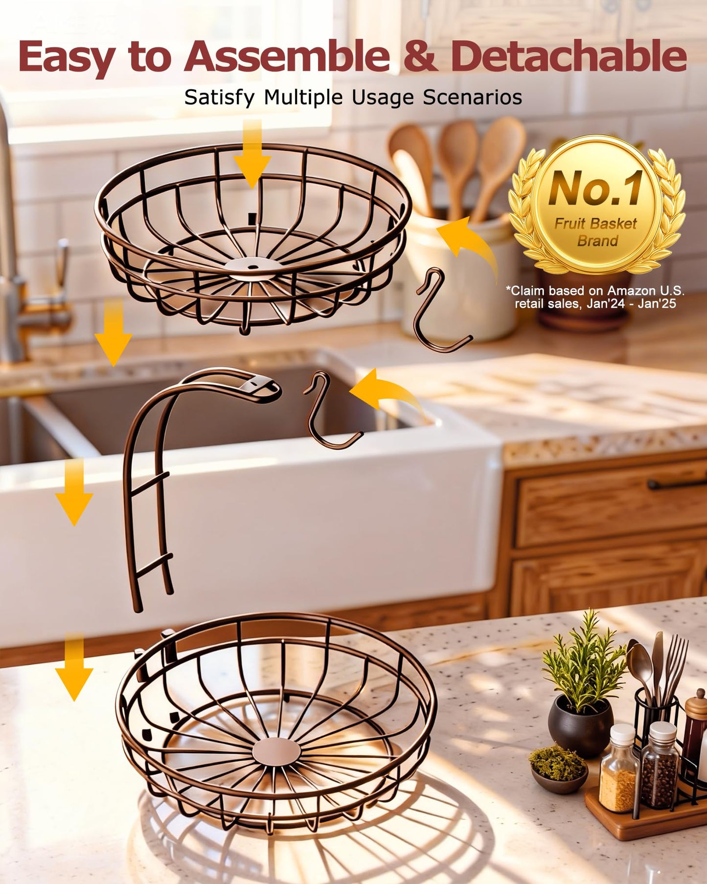 Sevenblue 2 Tier Large Fruit Basket for Kitchen Counter with Removable Banana Hanger - Sturdy Iron Fruit Bowl for Kitchen Counter and Vegetable Holder, Fruit Holder for Kitchen Countertop, Brown