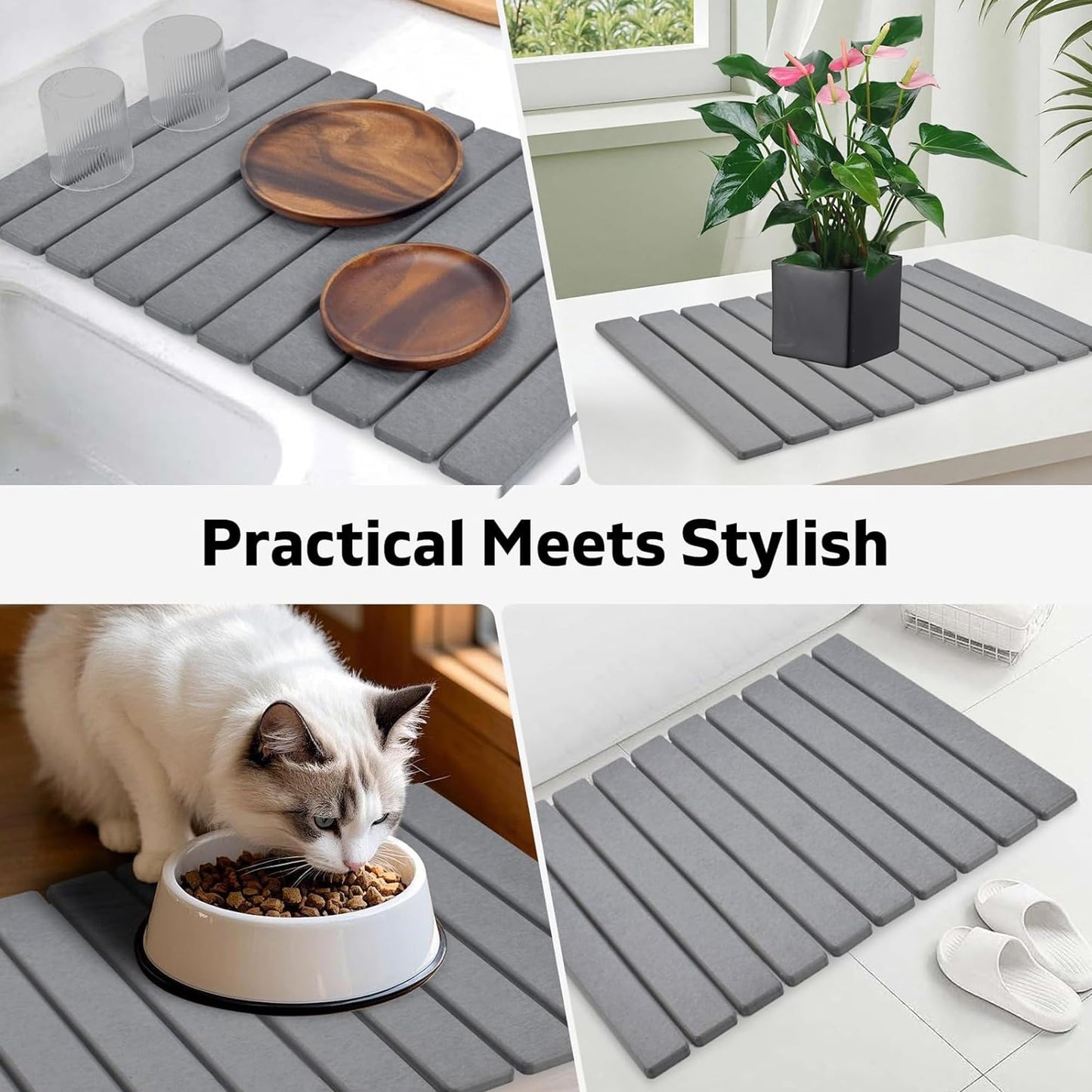 AUDRILO Kitchen Dish Drying Mat - Super Absorbent Microfiber Countertop Drainer Pad, Quick Dry Sink Mat for Dishes, Glassware & Utensils, Non-Slip Kitchen Counter Protector (Light Grey)