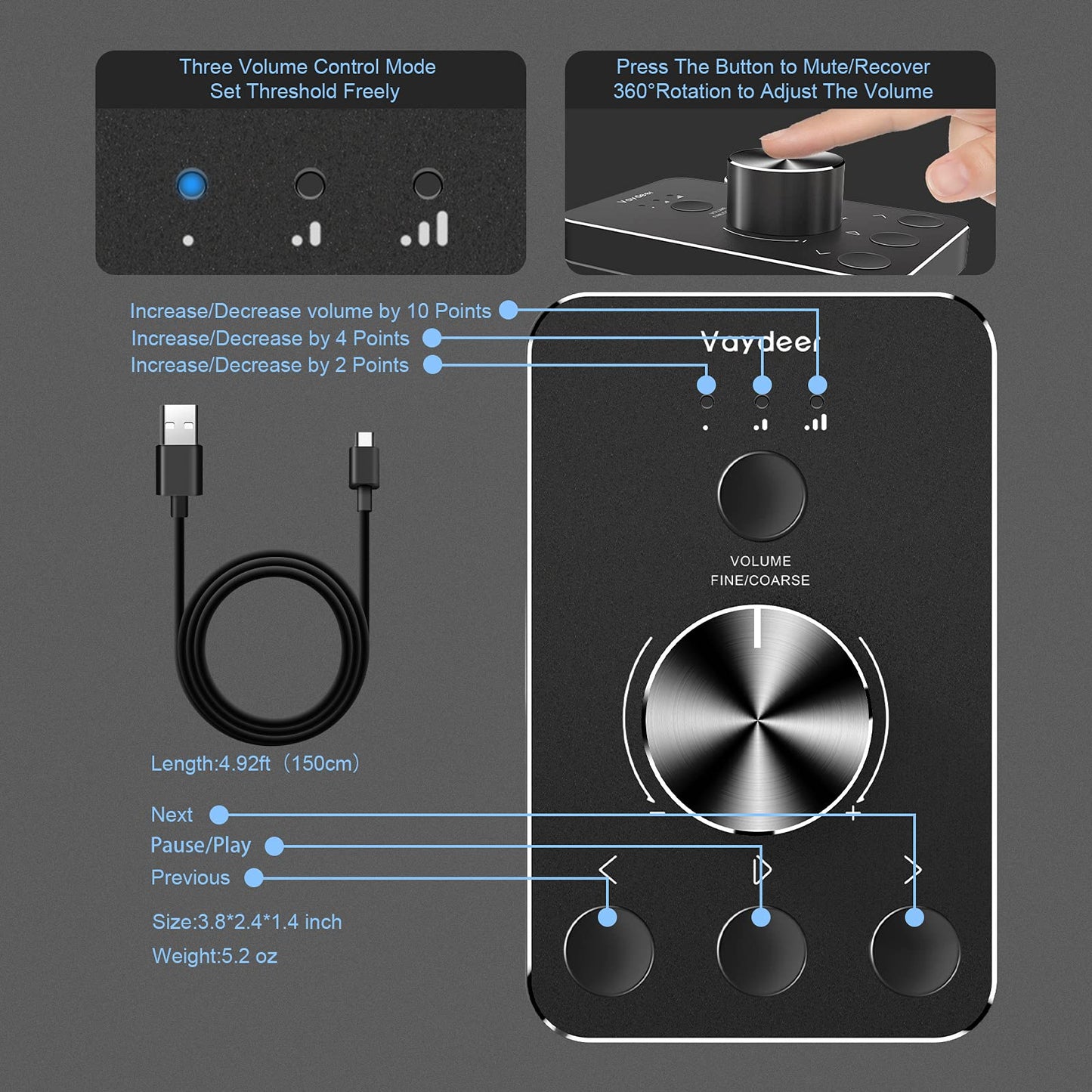 VAYDEER Volume Control Knob with One-Click Mute Function and 3 Volume Control Modes, USB Volume Knob Multimedia Controller for Win 7/8/10/Mac, Gift for Festivals Loved Ones