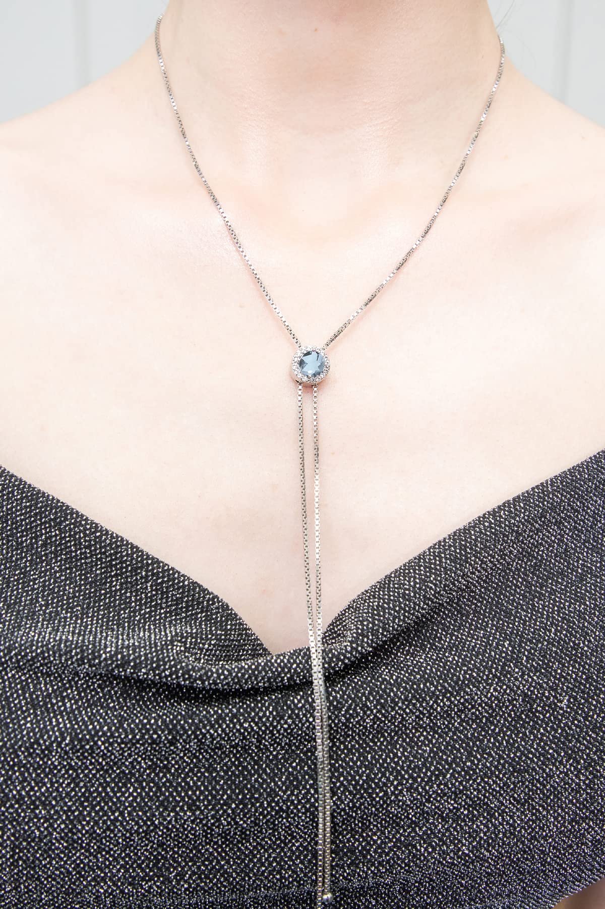 GemStar USA Sterling Silver Blue and White Topaz Round Halo Drop Adjustable Lariat Necklace
