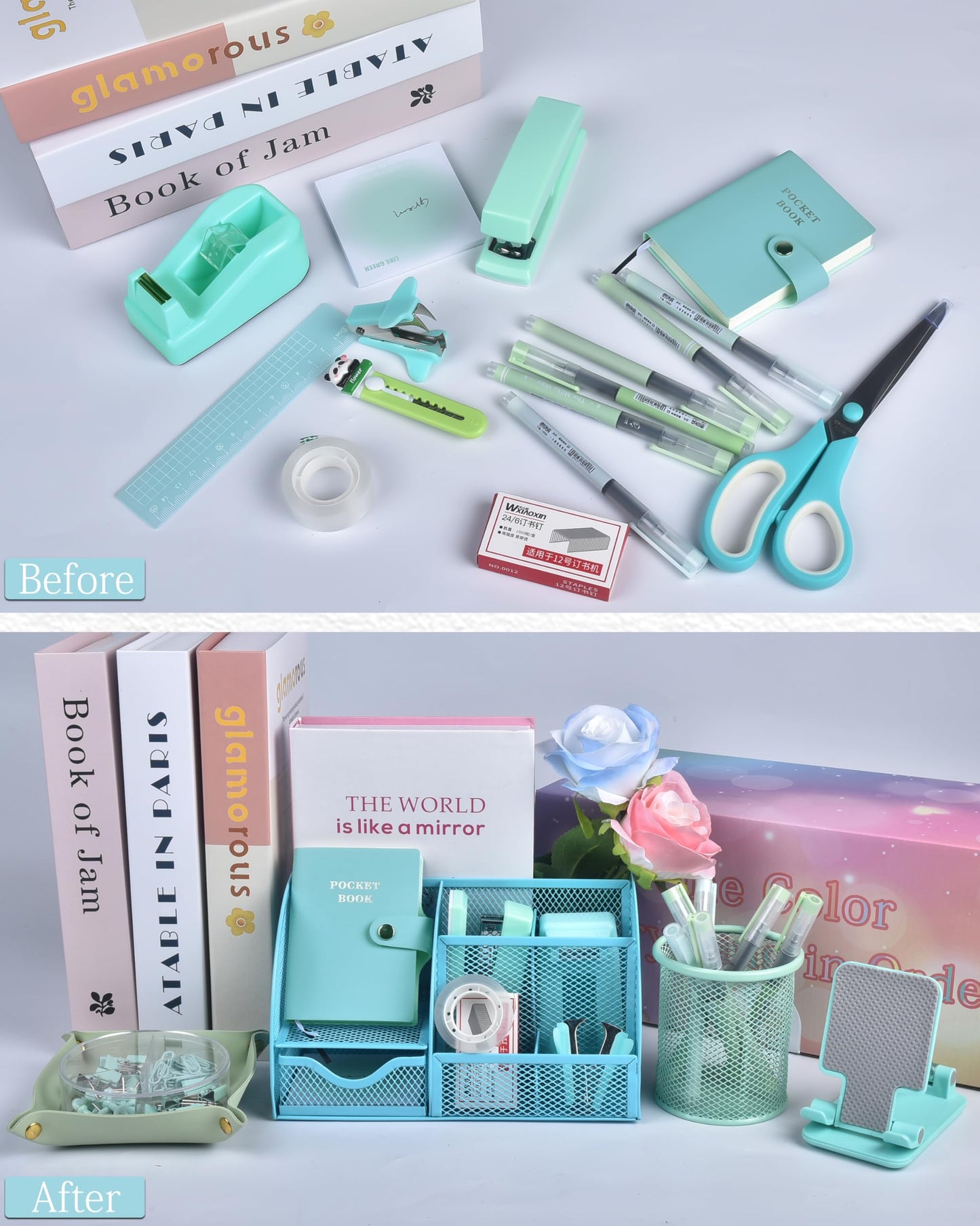 Green and Blue Desk Accessories, 26Pcs Office Supplies and Desk Organizers, with Tape Dispenser, Stapler, Staple Remover, Ect, Gift Box Packaging