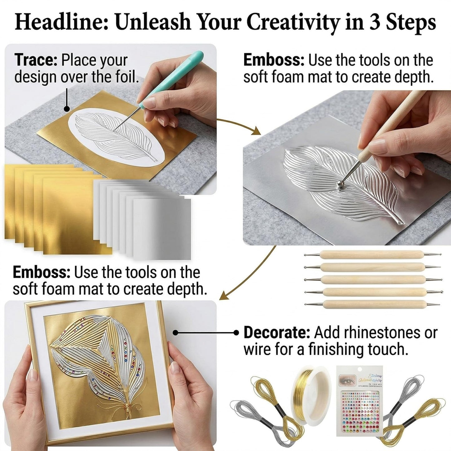 NYXODRON 15 Pieces Gold Embossing Foil Sheets, 11.57 x 9.76 Inch Metal Foil Art Kit and Embossing Kit for Crafting, Metallic Foil Craft Paper with Working Pad - Shimmering Gold Finish