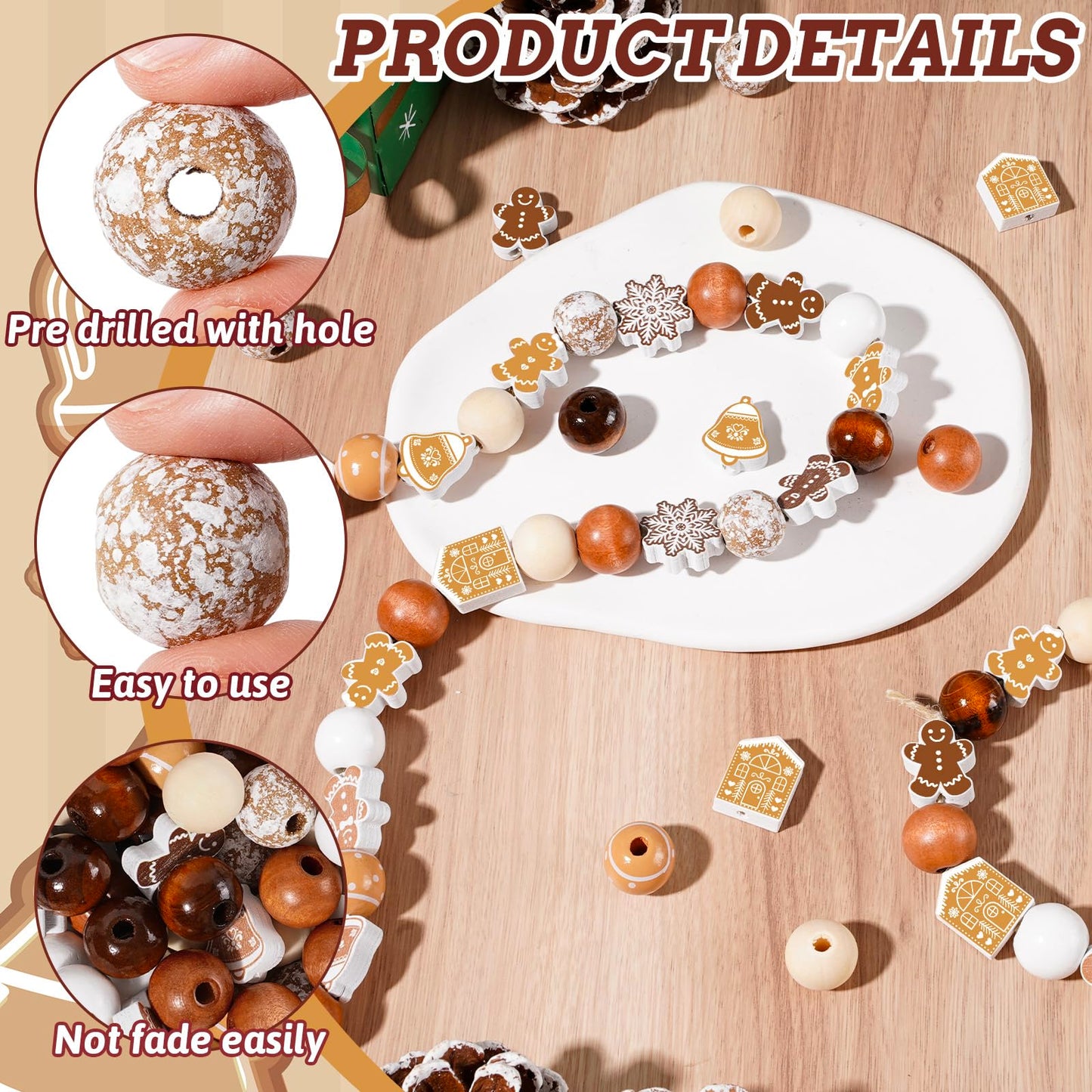 Whaline 200Pcs Christmas Wooden Beads Round Loose Bead Gingerbread Man Snowflake Craft Beads for Xmas Farmhouse Ornament DIY Making Winter Decor