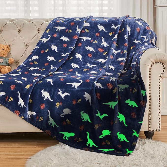 SOCHOW Glow in The Dark Throw Blanket 60 x 80 Inches, Jurassic Dinosaur Pattern Soft Cozy Flannel Fleece Blanket for Sons Daughters, All Seasons Navy Blue Presents Blanket for Preteens Teens