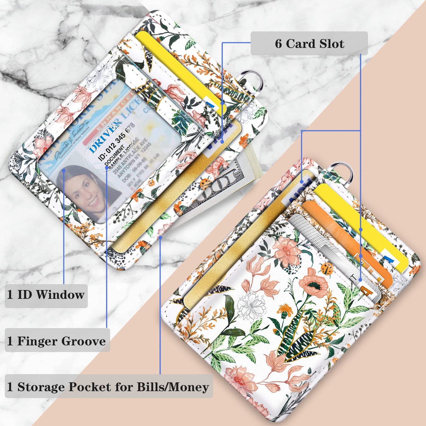 Coco Rossi Slim Front Pocket Wallet RFID ID Card Holder Cute Small Wallet with Wrist Lanyards Key Chain Holder for Women,White Flowers