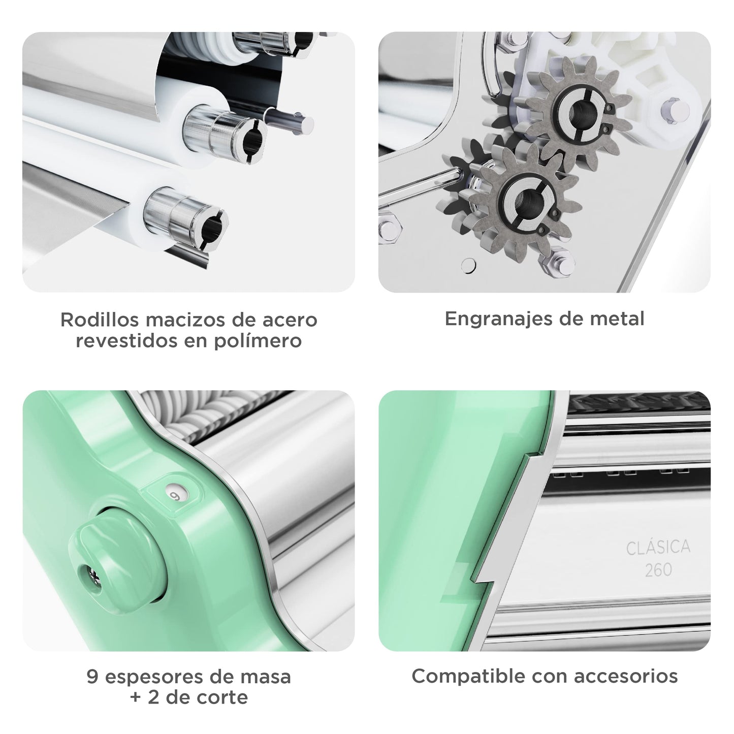 PASTALINDA Classic 260 Pasta Maker Machine, 26 cm Wide Rollers, 9 Thickness Positions, 2 Cutting Positions, Stainless Steel. Includes Reinforced Hand Crank And Two Clamps (Pastel Green)