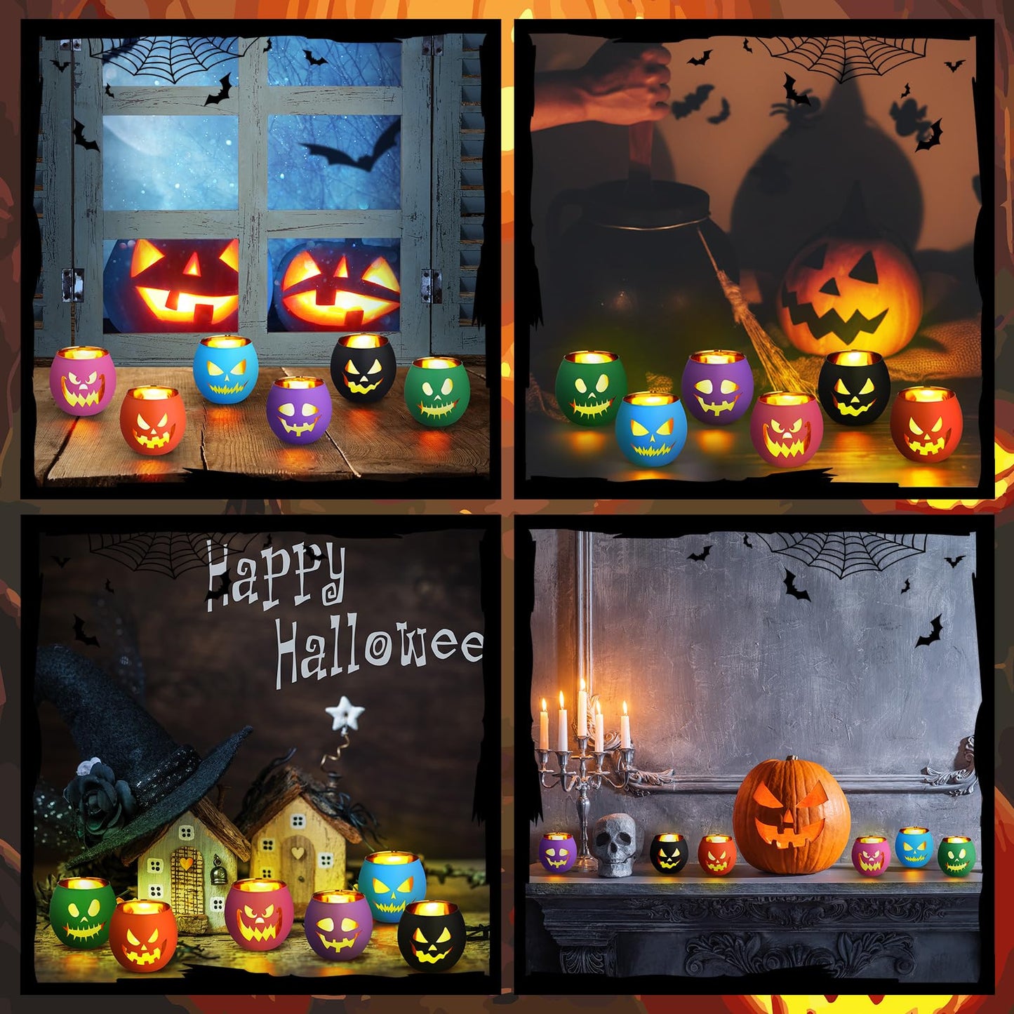 VIHOSE 6 Set Halloween Candle Holders Grimace Glass Votive Holder Tea Light with LED Battery Operated Candles Halloween Table Decorations for Home Table Centerpiece Decor Gifts