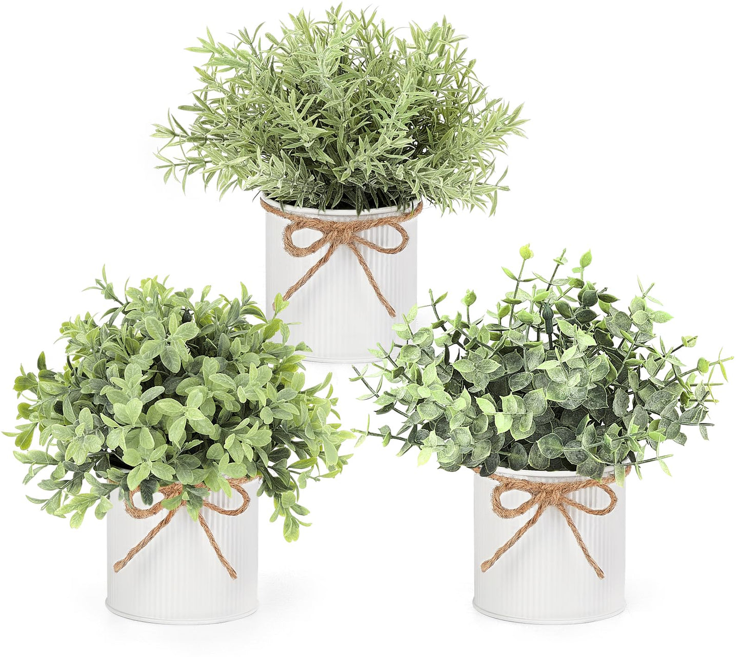 Mkono Fake Plants in Farmhouse Galvanized Metal Pots Table Centerpiece Rustic Home Decor, 3 Pack Potted Artificial Plants Faux Eucalyptus for Shelf Indoor Dining Room Office