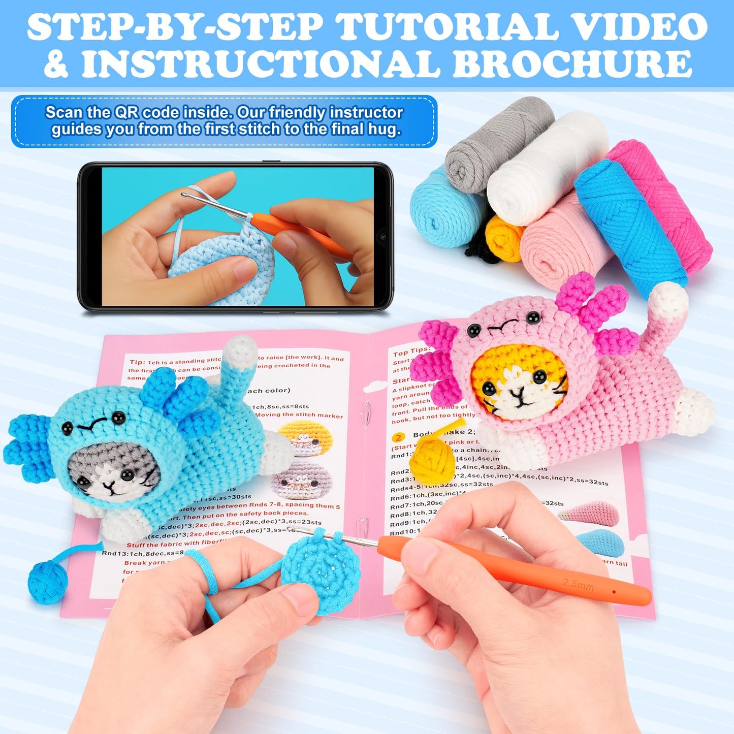 Crochet Kit for Beginners, Crochet Starter Kits for Adults Kids, Cat Dress in Axolotl Crochet Kit, Complete Crochet Animal Kit with Step-by-Step Video Tutorials, Gifts for Crocheting Lovers