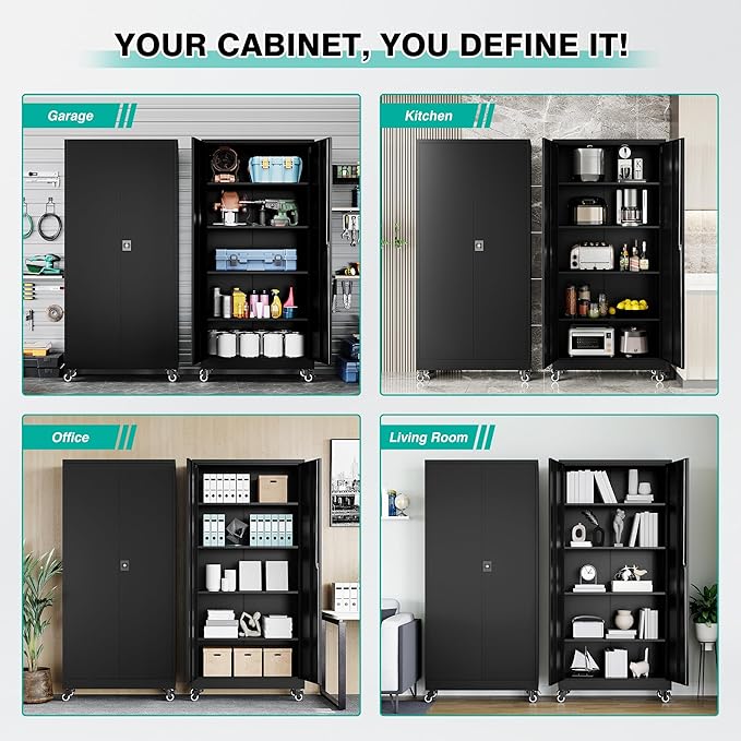 SISESOL Metal Storage Cabinet with Wheels,75 inch Tall Rolling Garage Storage Cabinet with Lock,Black Metal Cabinets with Wheels and Shelves,Deep Heavy Duty Tool Locker for Garage,Home,Office,Shop